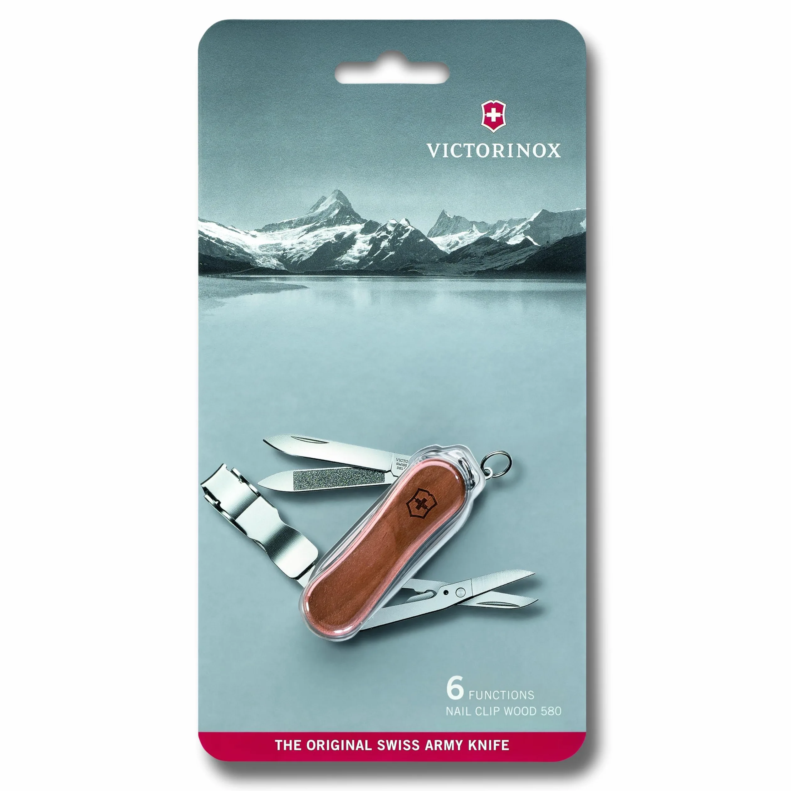 Victorinox Nail Clip 580 Wood, Navaja Multiuso Suiza, Cuchillo bolsillo, Regalo, 6 Funciones, Hoja pequeña, Lima de uñas