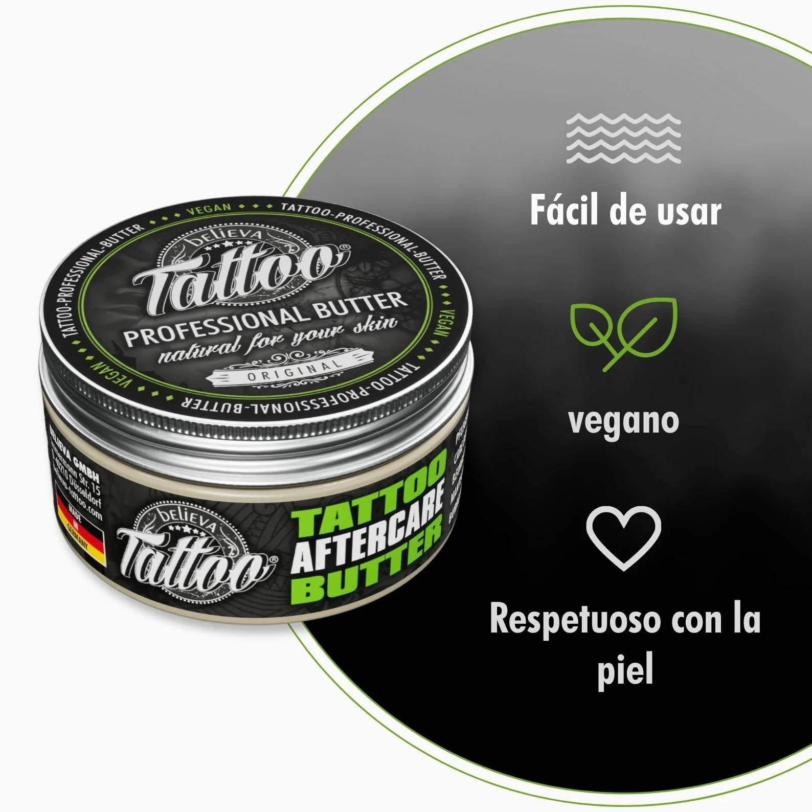 Believa Tattoo Butter – Cuidado premium para tatuajes con fórmula vegana e ingredientes naturales para colores de tatuaje vibrantes – Cuidado diario y aftercare para piel tatuada | 100 ml