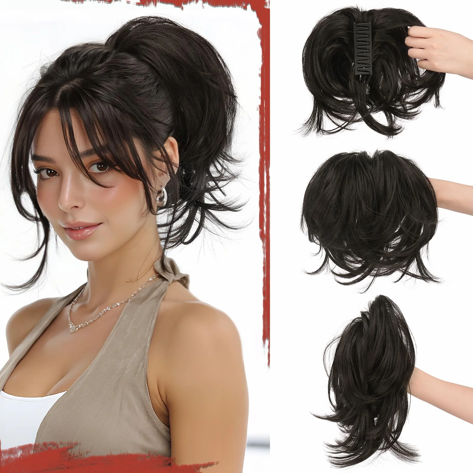 Postiza con Pinza Natural, Peluca Coleta Corta Liso con Alambre Flexible para Peinados DIY, Extensiones Sintéticas de Cola de Caballo para Mujeres, Negro Marrón