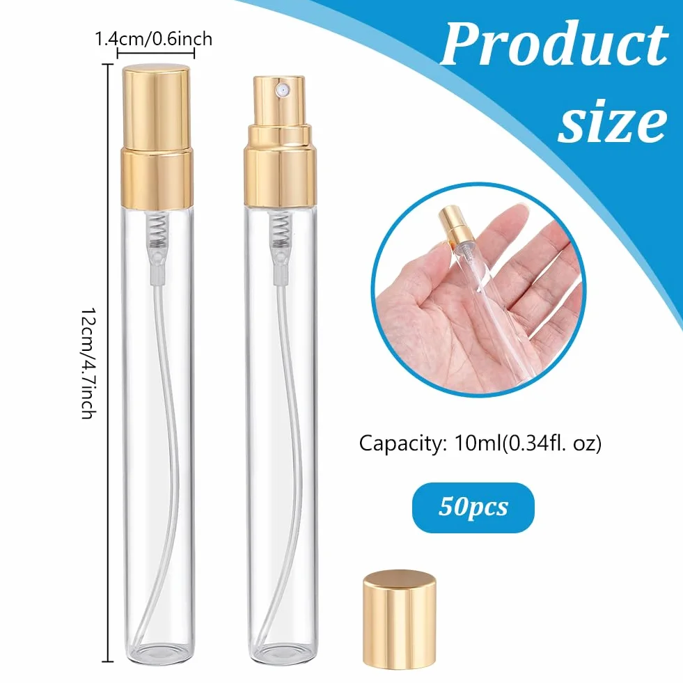 PH PandaHall 50 ml mini botellas de perfume vidrio recargables atomizador tapa dorada