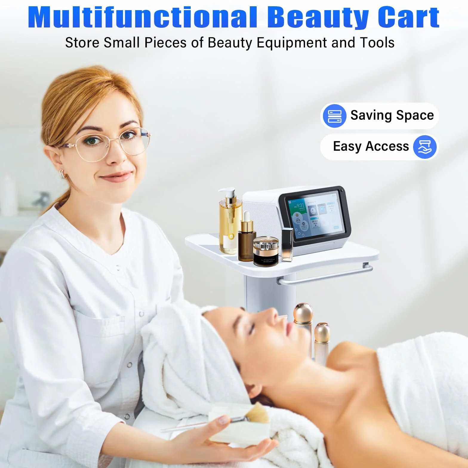 Carrito de belleza ABS con ruedas y compartimento de almacenamiento blanco