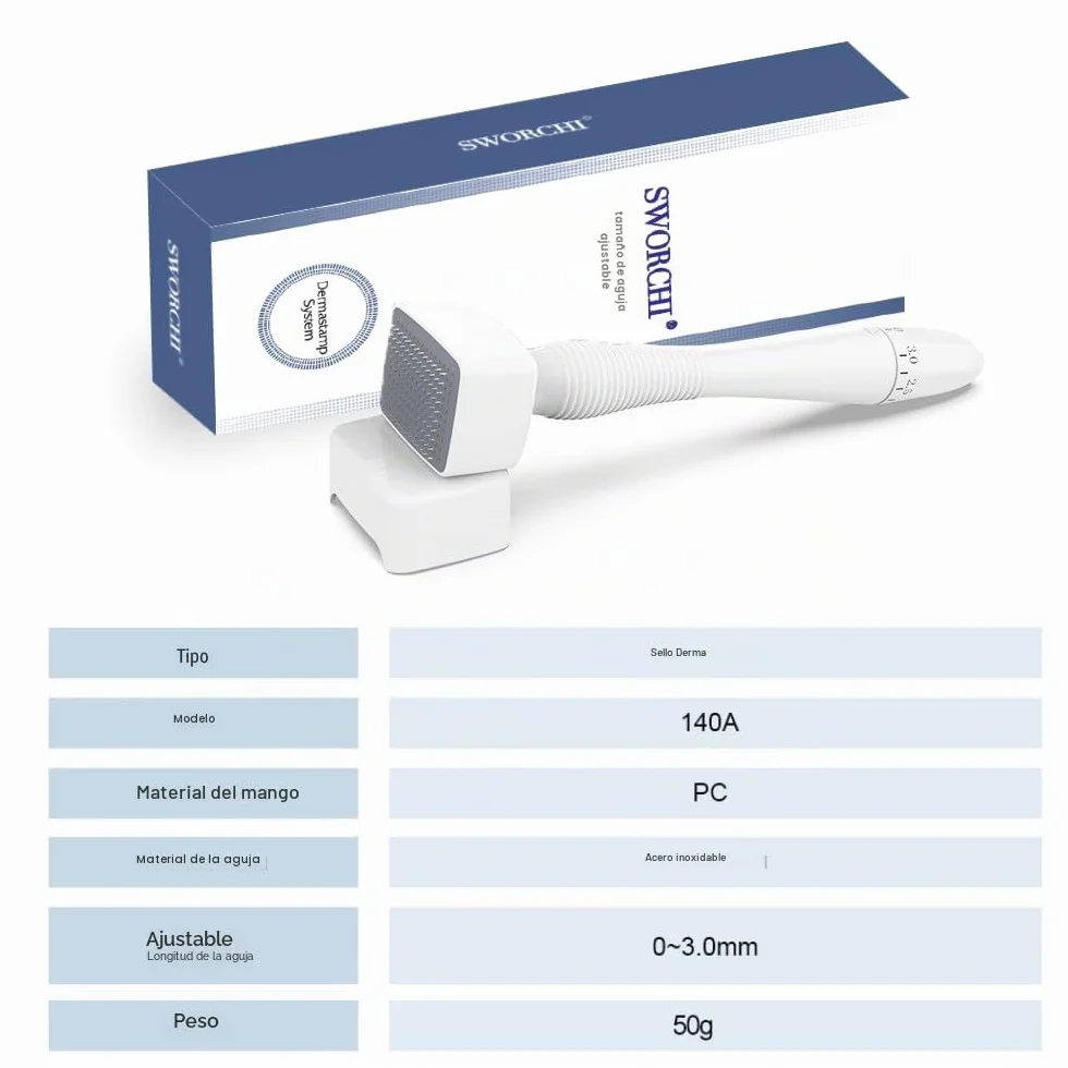 SWORCHI Derma Stamp Dermaroller Profesional Microneedling 140 Agujas Titanio Ajustable 0-3.0mm