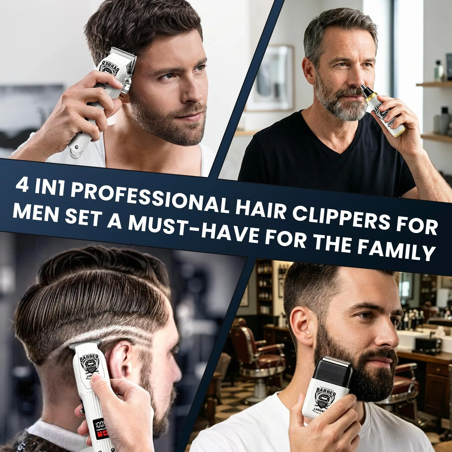 Cortapelos profesional inalámbrico recargable hombre, recortadora barba afeitadora eléctrica LCD 8 peines guía kit