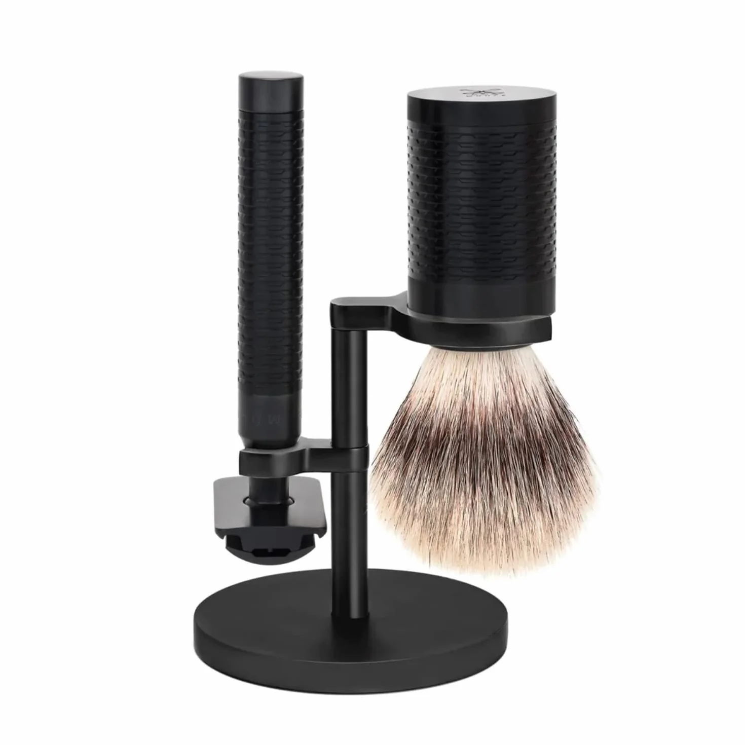 Mühle S31M96jet - Set de afeitado "Roca", 3 piezas, mango de la afeitadora y montura de la brocha de afeitar de acero inoxidable, revestimiento DLC, color negro