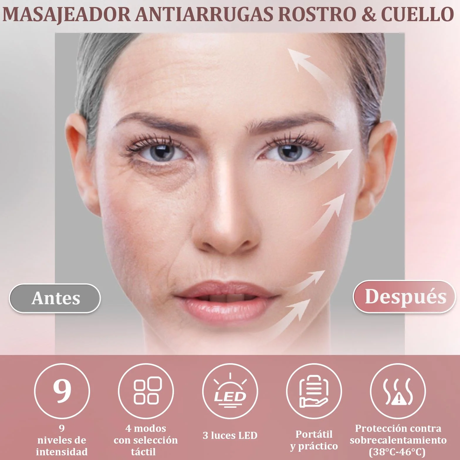 Masajeador Facial Antiarrugas Electrico 4 Modos 3 LED 45℃ EMS Lifting 9 Niveles Vibración Reductor de Papada