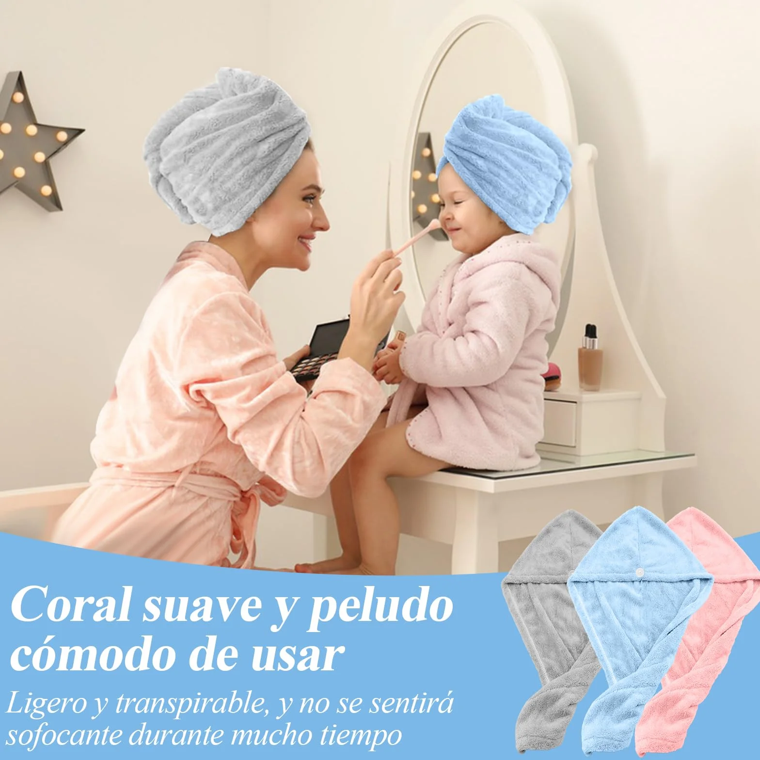 KASURE Toalla Microfibra Pelo 3 Piezas Gris Azul Rosa Gorras Botones Secado Rapido Anti Frizz