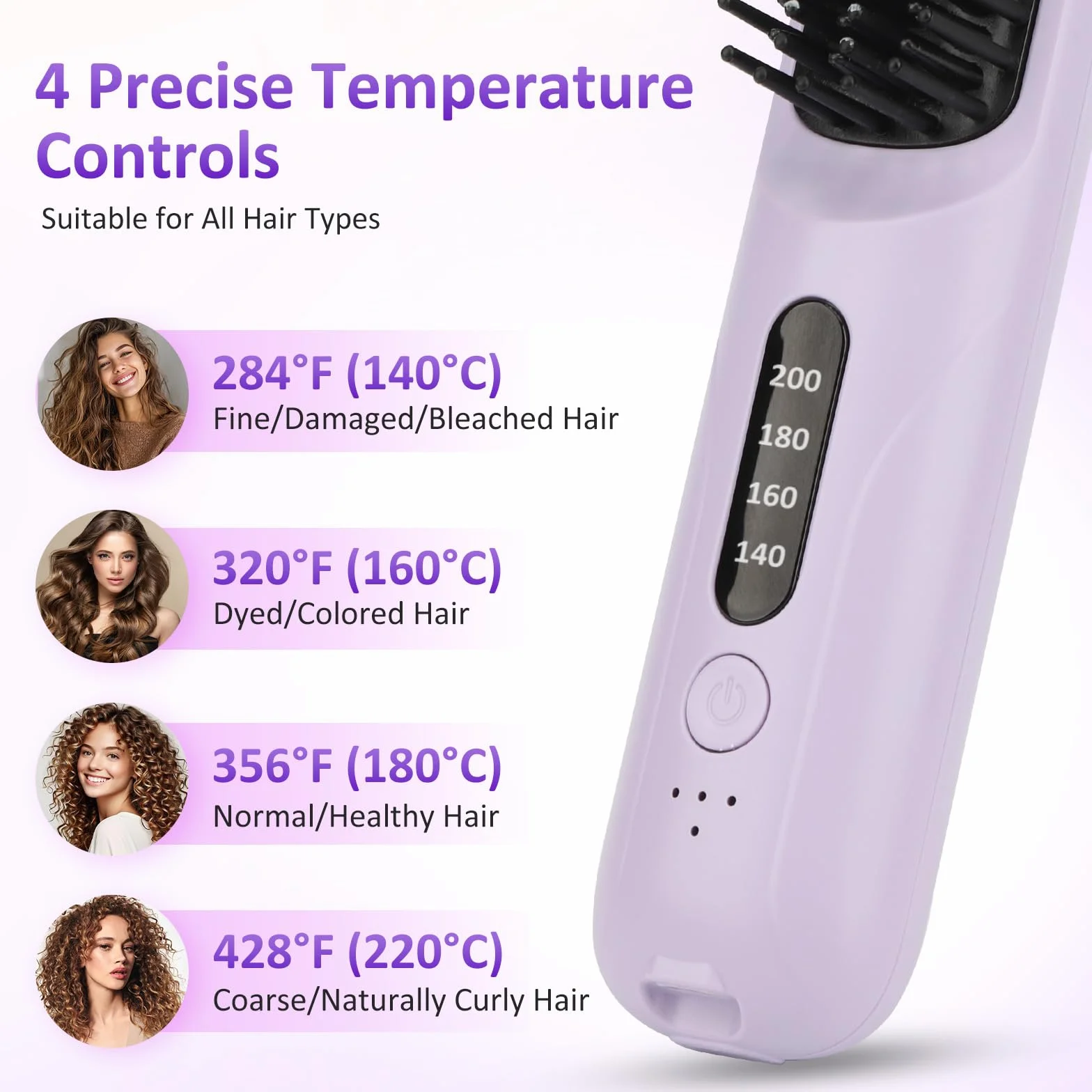 Cepillo Alisador Pelo Inalámbrico Recargable USB 4 Temperaturas 140-200°C Portátil Viaje Morado
