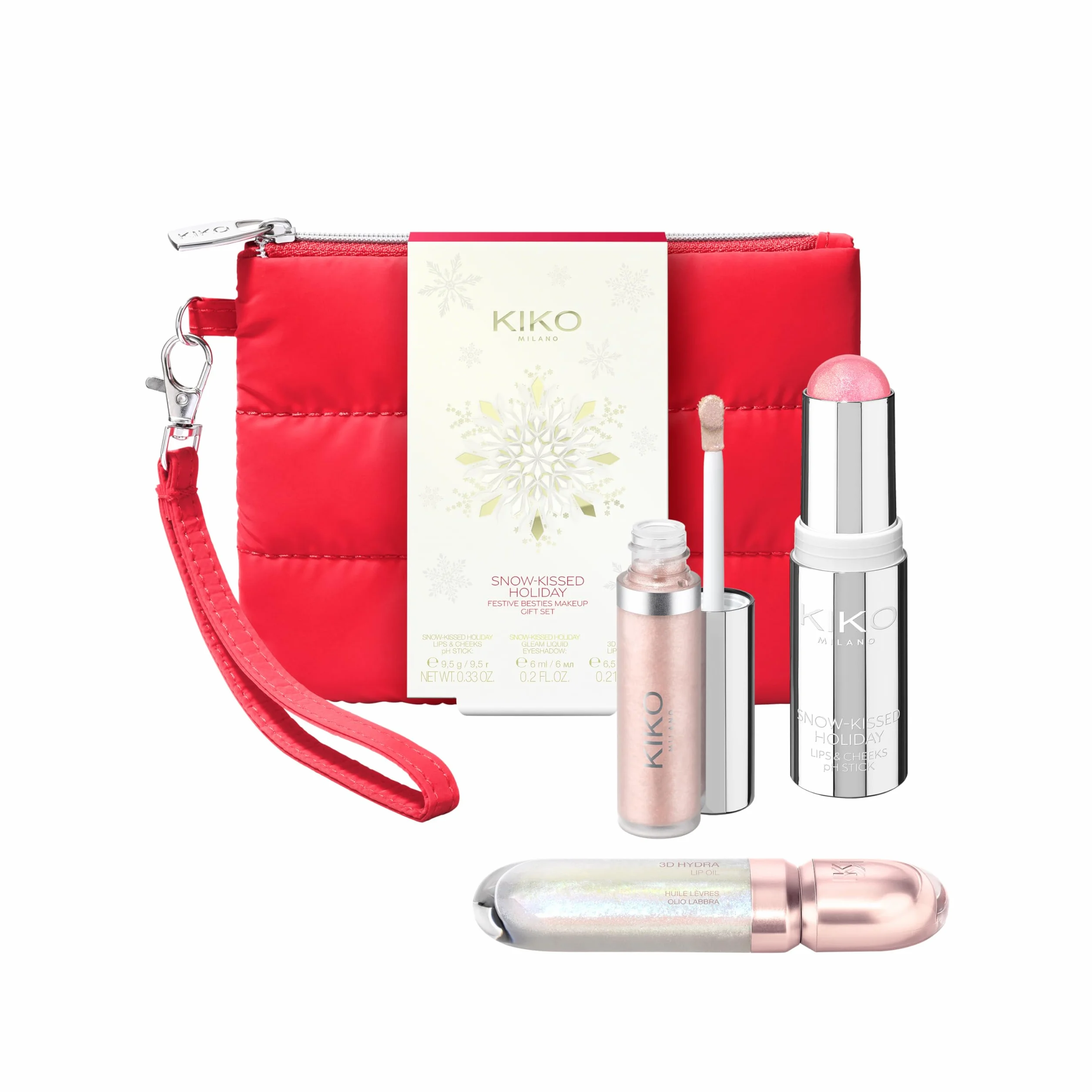 KIKO Milano Snow-Kissed Holiday Festive Make Up Gift Set: Stick Para Labios Y Mejillas, Sombra De Ojos Líquida Y Aceite Labial