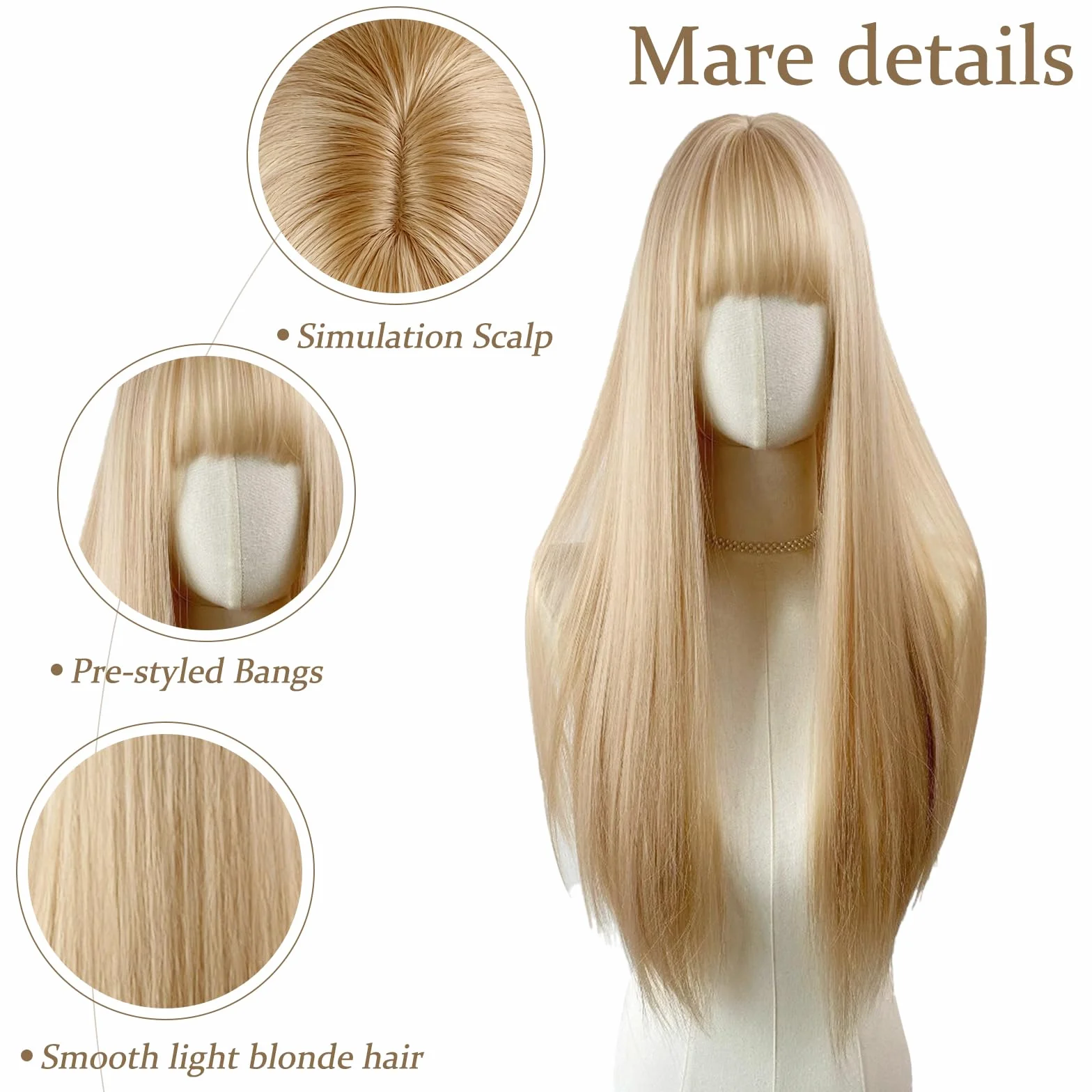Pelucas Largas Lisas Rubias para Mujer con Flequillo, Pelo Sintético, para Fiesta Cosplay Halloween