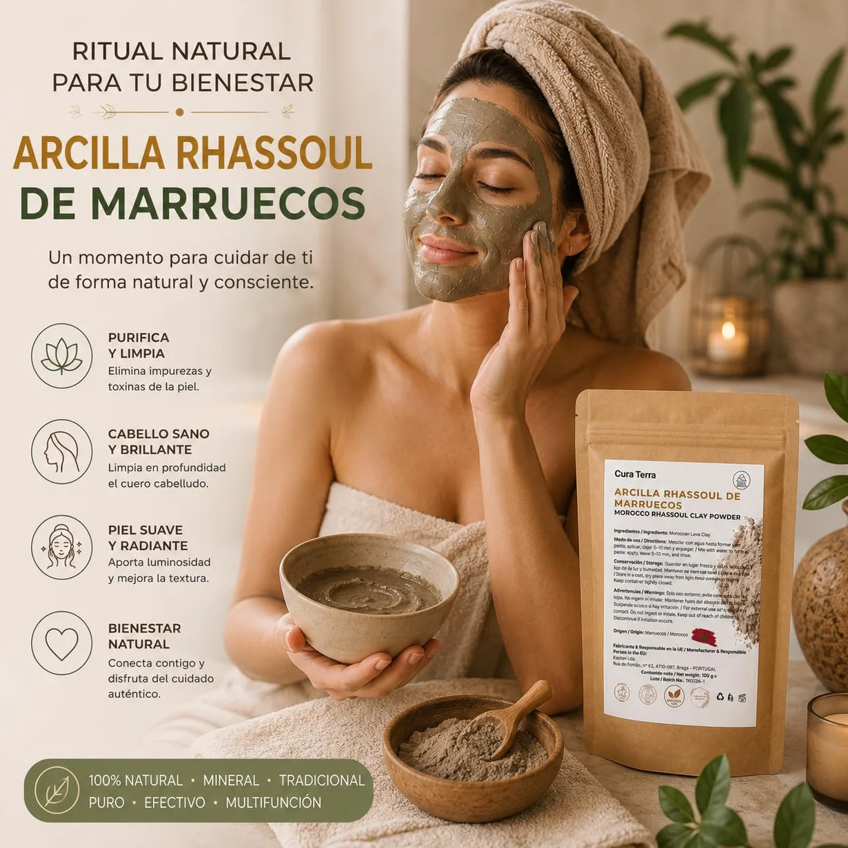 Arcilla Rhassoul Ghassoul de Marruecos 100% Pura – Polvo de Arcilla Volcánica Natural para Rostro, Cabello y Cuerpo – 100 g