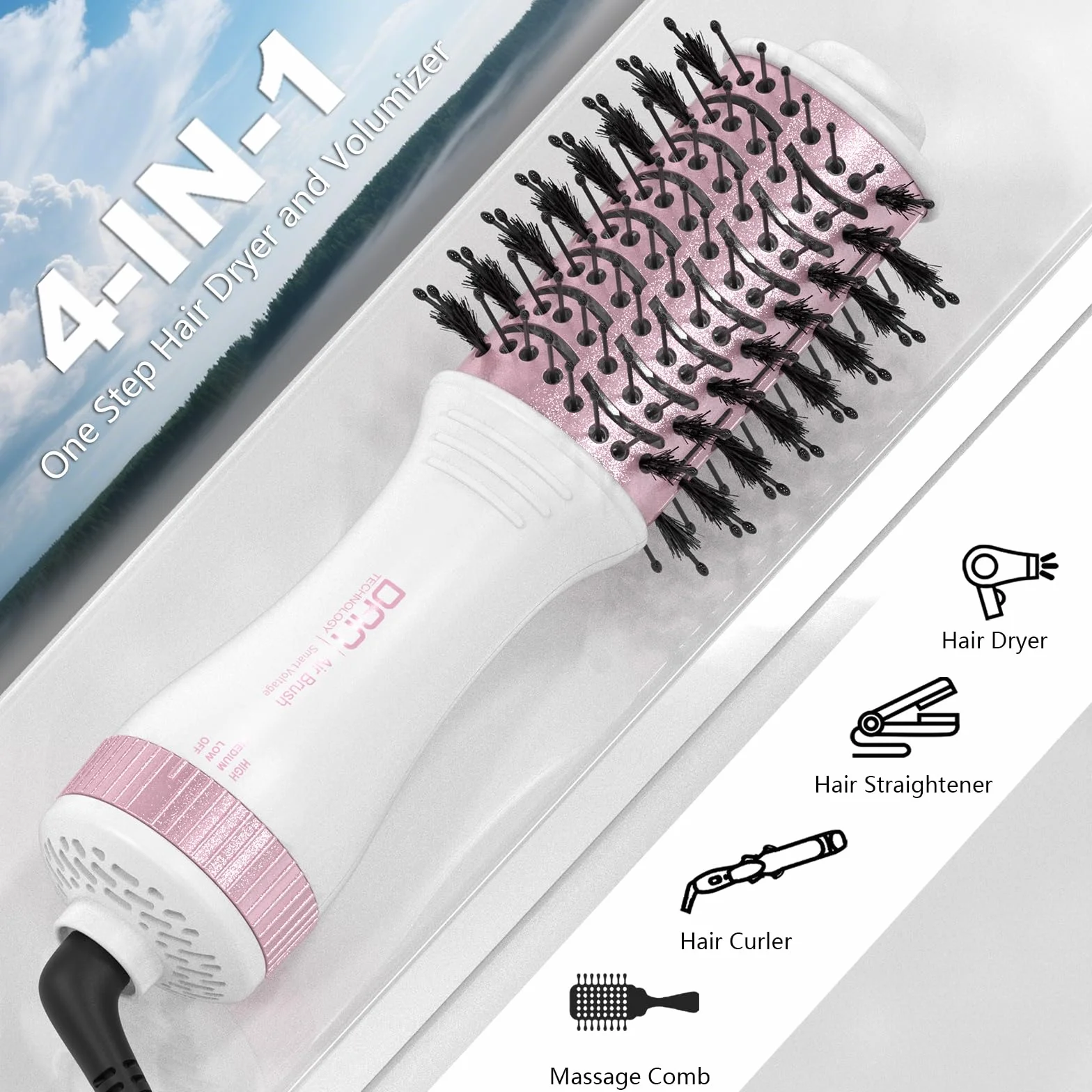 DAN - Cepillo secador de pelo de doble voltaje (100 V-240 V), cepillo secador de pelo de viaje con adaptador de enchufe multifunción, cepillo secador de un paso y voluminizador estilizador