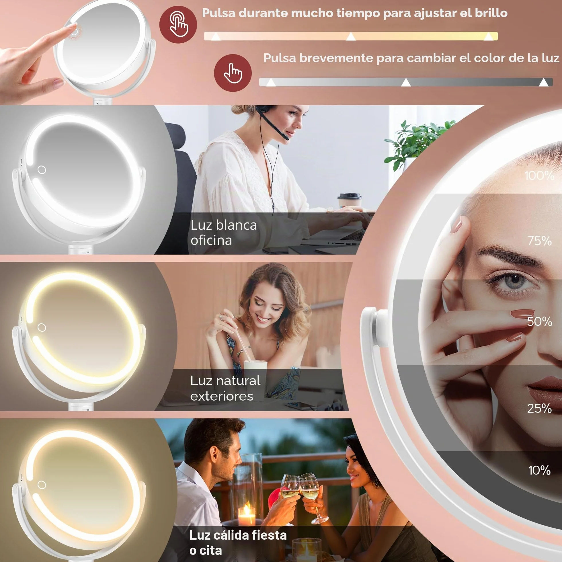 B Beauty Planet Espejo de maquillaje con luces 30X aumento iluminado brillo ajustable 2 lados altura ajustable para baño