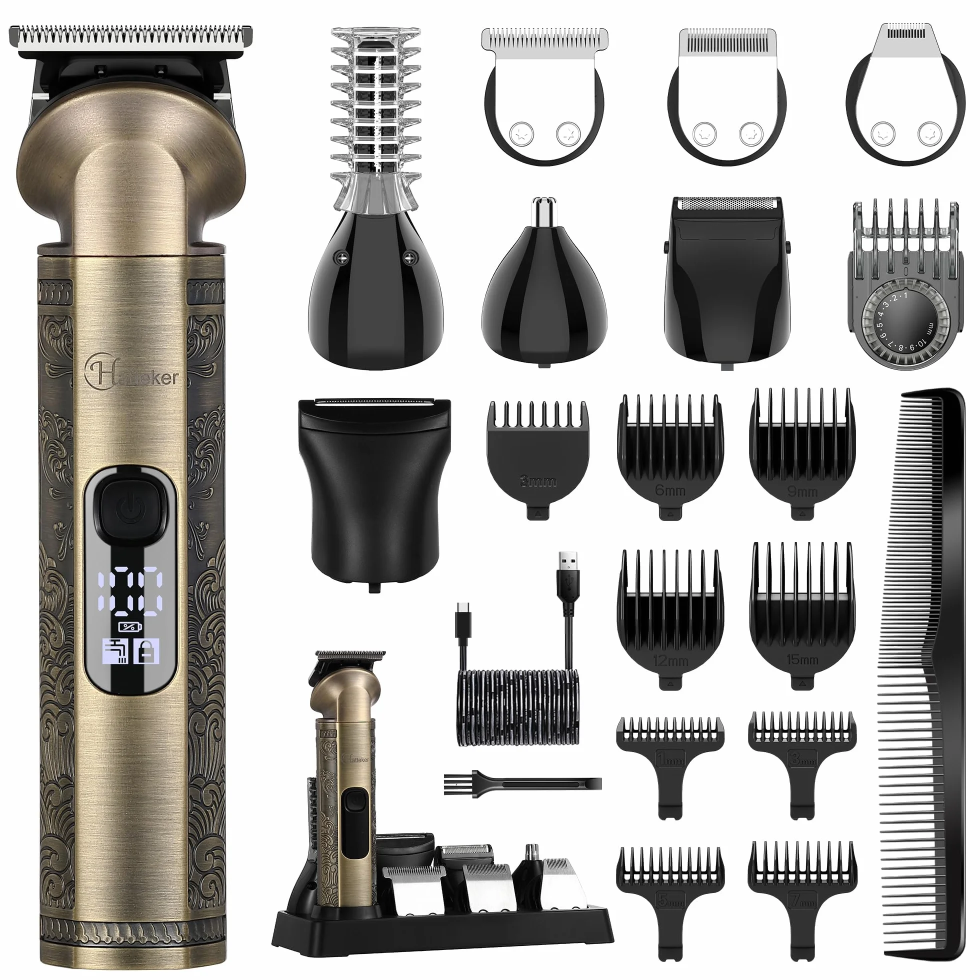 Hatteker Cortadora De Pelo 8 en 1 Impermeable, Afeitadora Masculina, Recortadora Nasal Carga USB