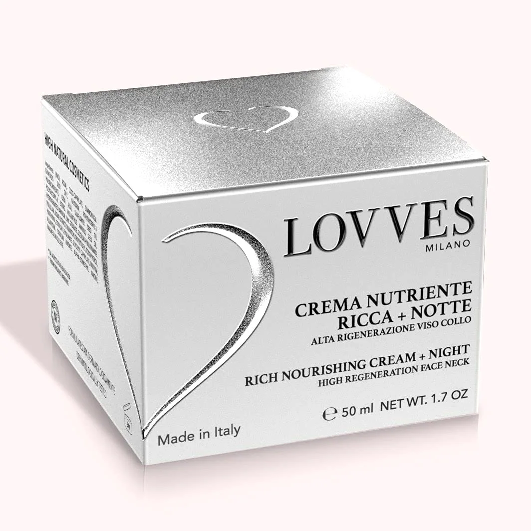 LOVVES Crema Facial Rica Nutritiva, para Día y Noche, Alta Cosmética Natural, Antiarrugas, Favorece la Producción de Colágeno, Hidratante, Regeneración Rostro Cuello,Tarro Cristal 50 ml