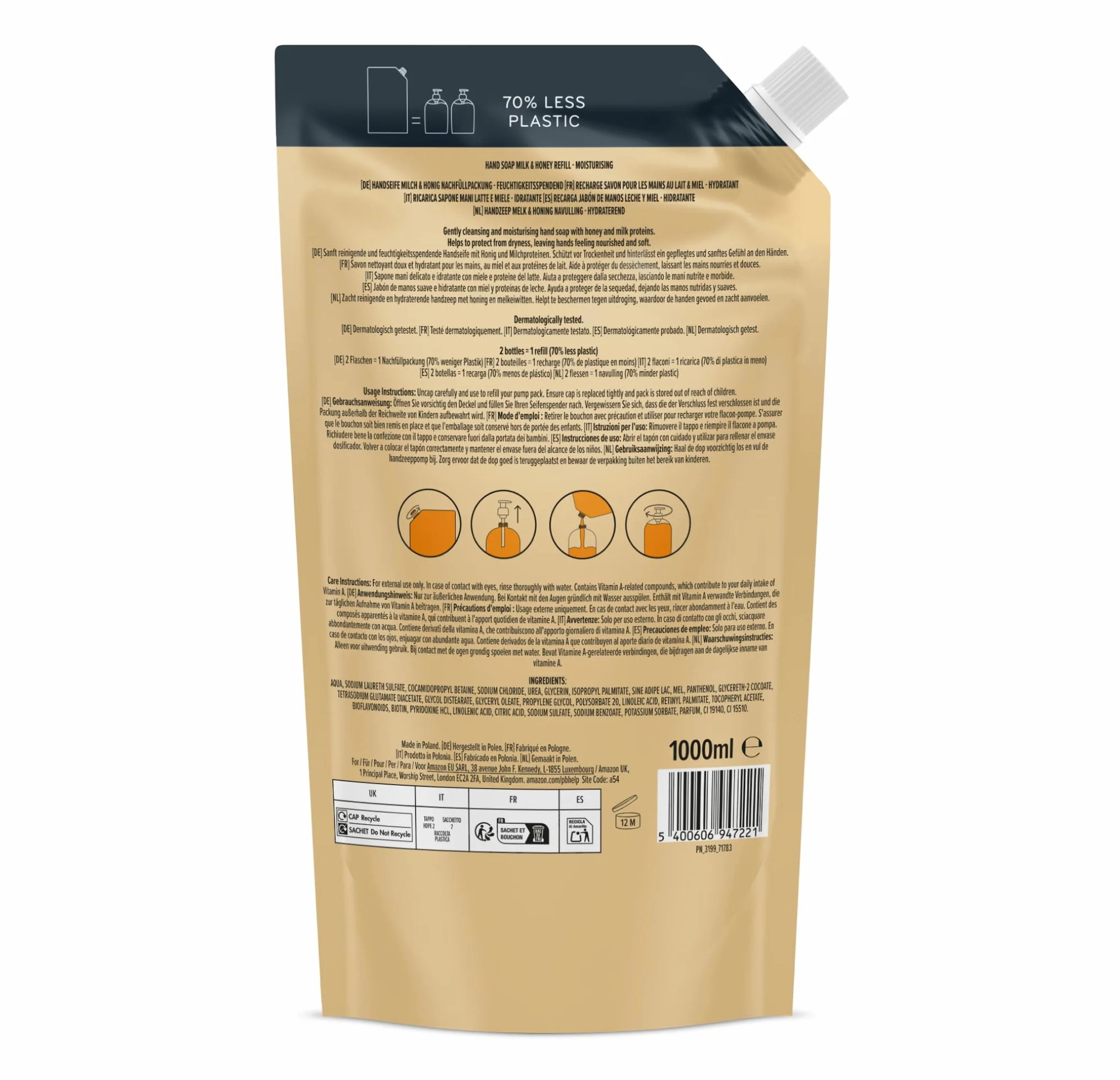 Amazon Recambio de jabón de manos de miel y leche, 2 x 1000 ml