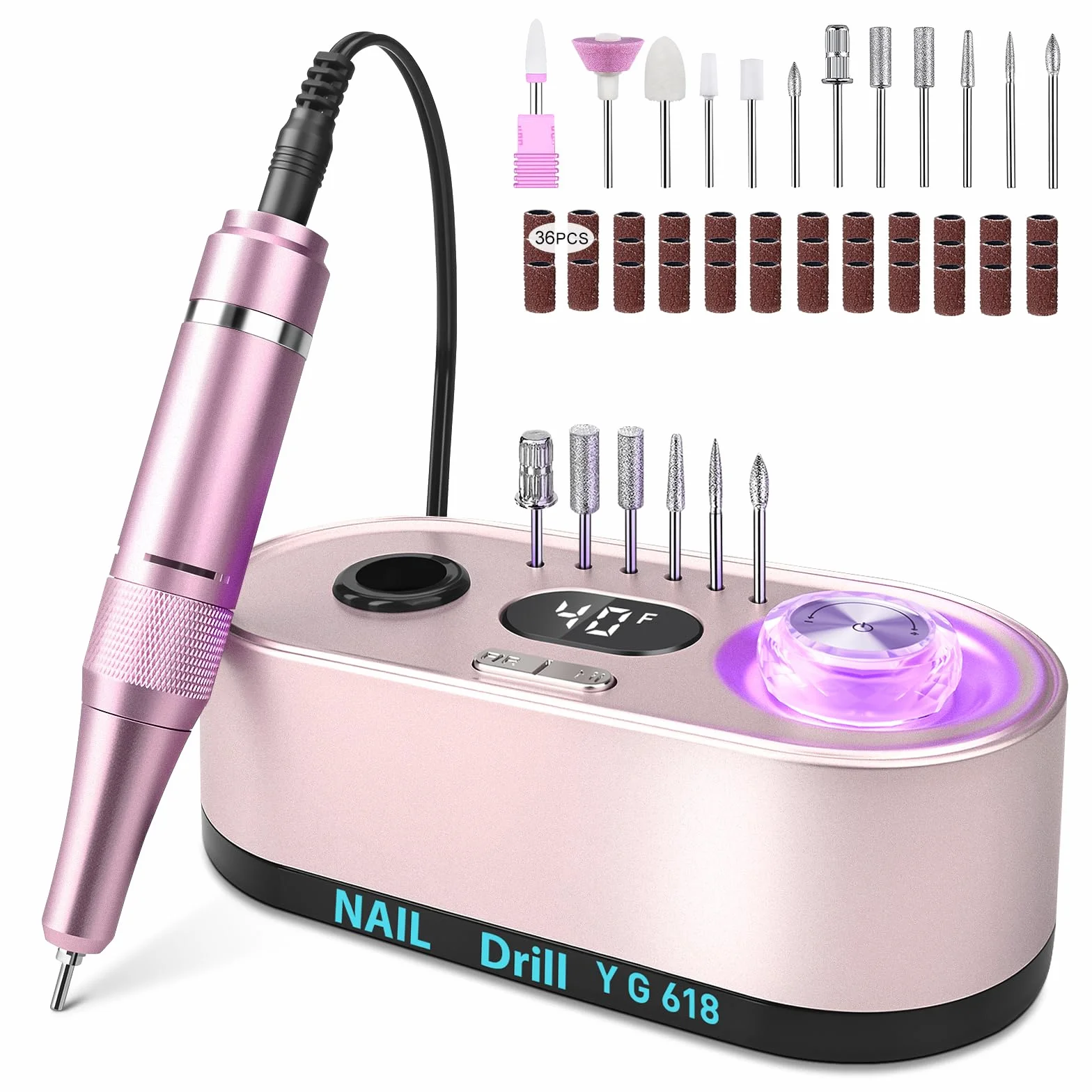 Torno para Uñas,Torno para Uñas Profesional 40000 RPM con 12 Cabezales de Pulido, Pantalla LCD,Control de Botones Iluminados,Silencioso, Lima Electrica Uñas (Rosa)