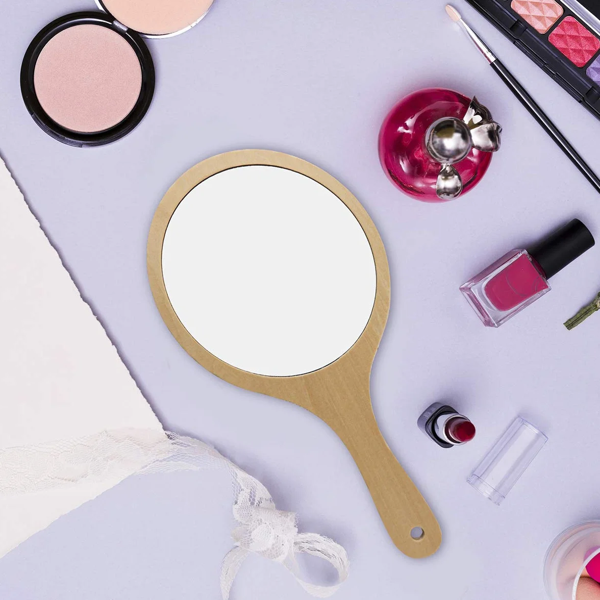 Espejo de Mano de Madera Redondo Portátil para Maquillaje y Peluquería