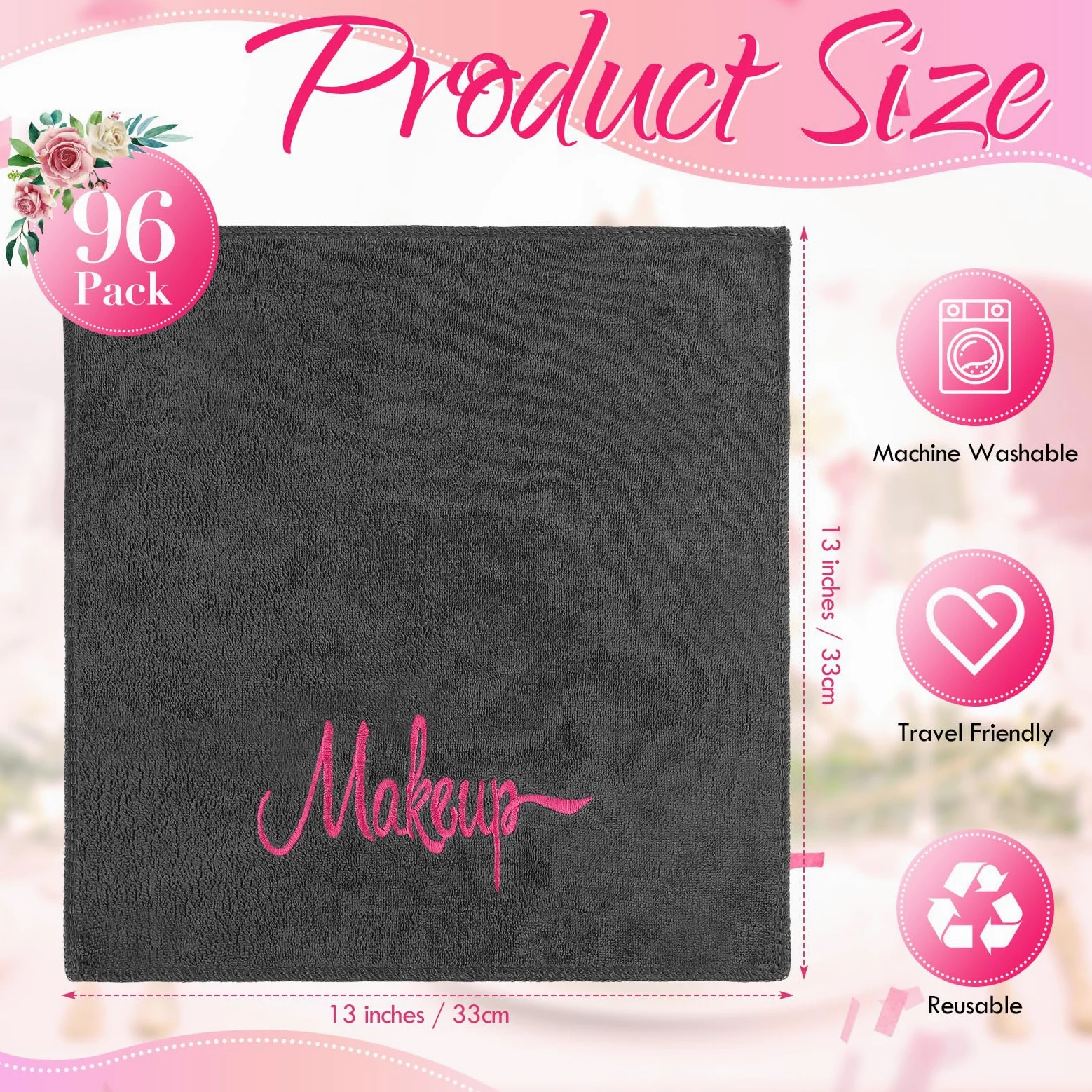 Preboun Paquete de 96 paños desmaquillantes, toallas de maquillaje de 13 x 13 pulgadas, toallas faciales de microfibra suave a granel, paños de maquillaje reutilizables con bordado de maquillaje para