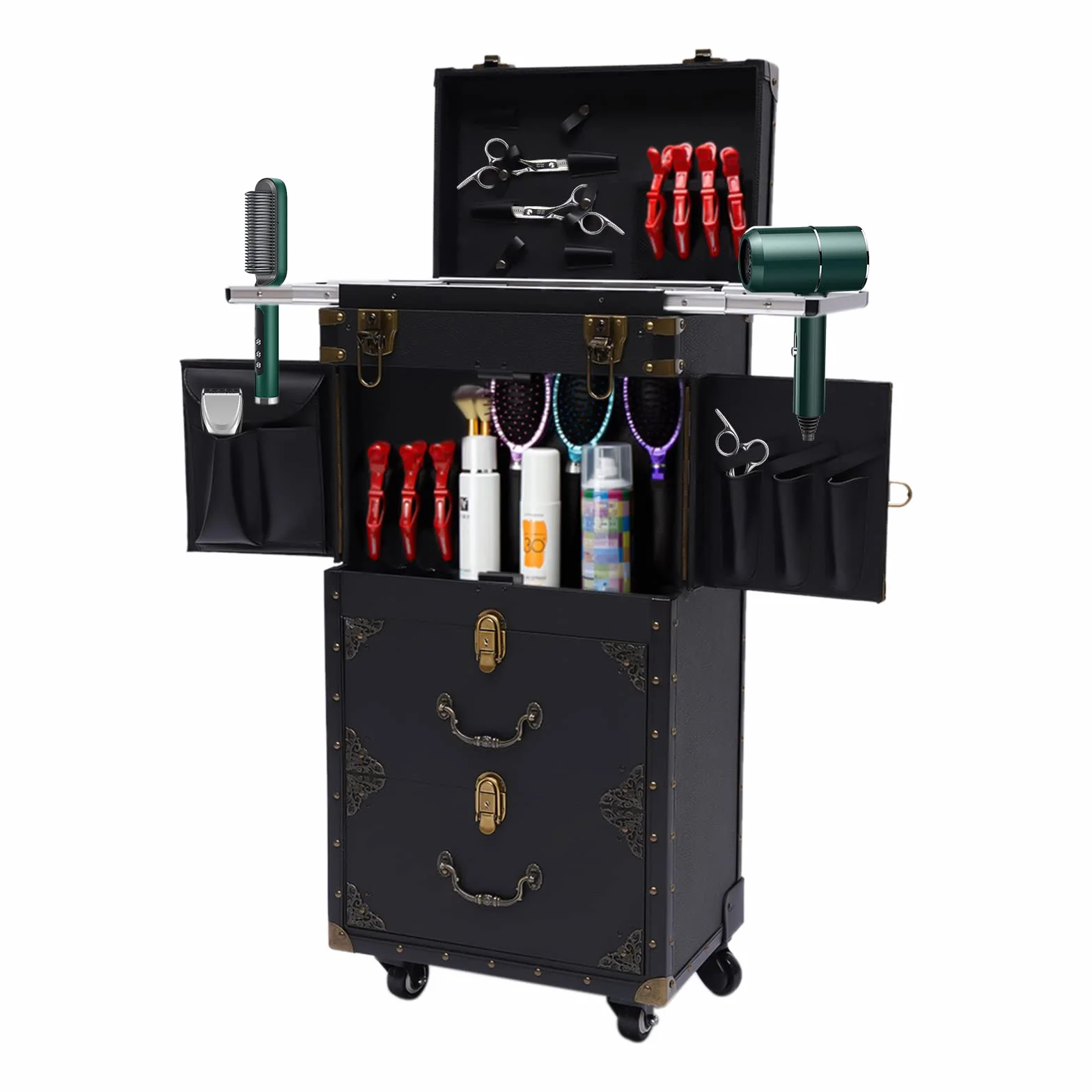 Carrito de peluquería 3 niveles con cerradura 39x25x82 cm soporte secador pelo