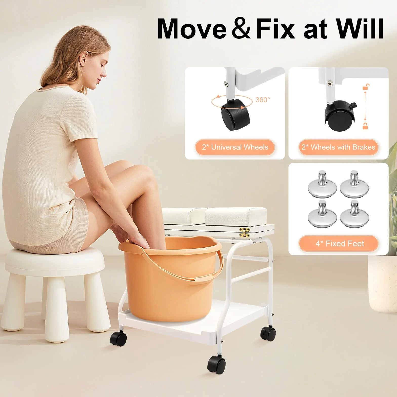Pediluvio Spa Trolley Portátil para Uñas y Pedicura Carrito Masaje Mesa Salón Blanco