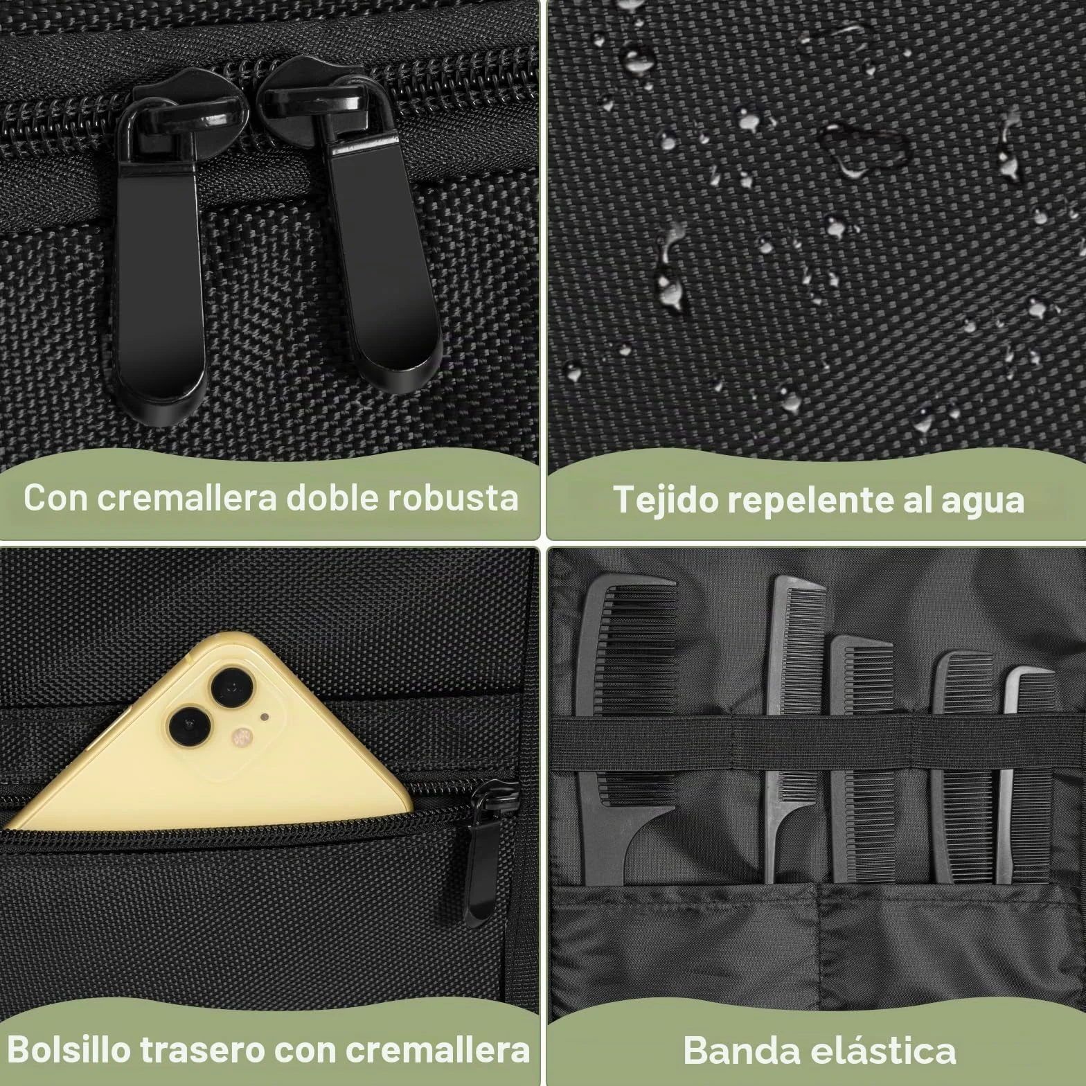 Bolsa de peluquería profesional, bolsa de almacenamiento portátil con múltiples bolsillos y compartimentos ajustables para accesorios de peluquería, adecuado para (BK)