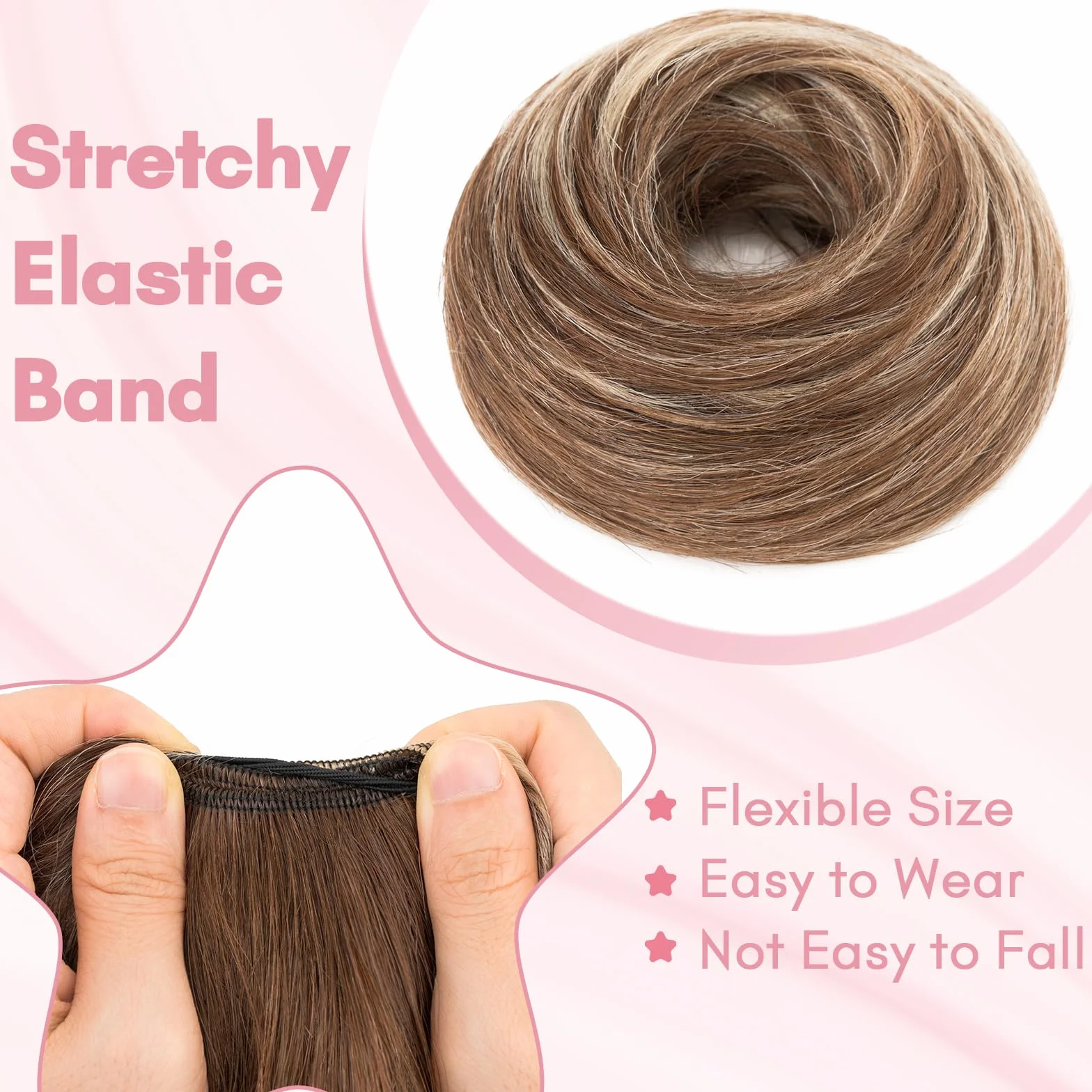MY-LADY Moño Postizo de Pelo Natural Marron Chocolat/Rubio Elástico Liso para Mujer 25g