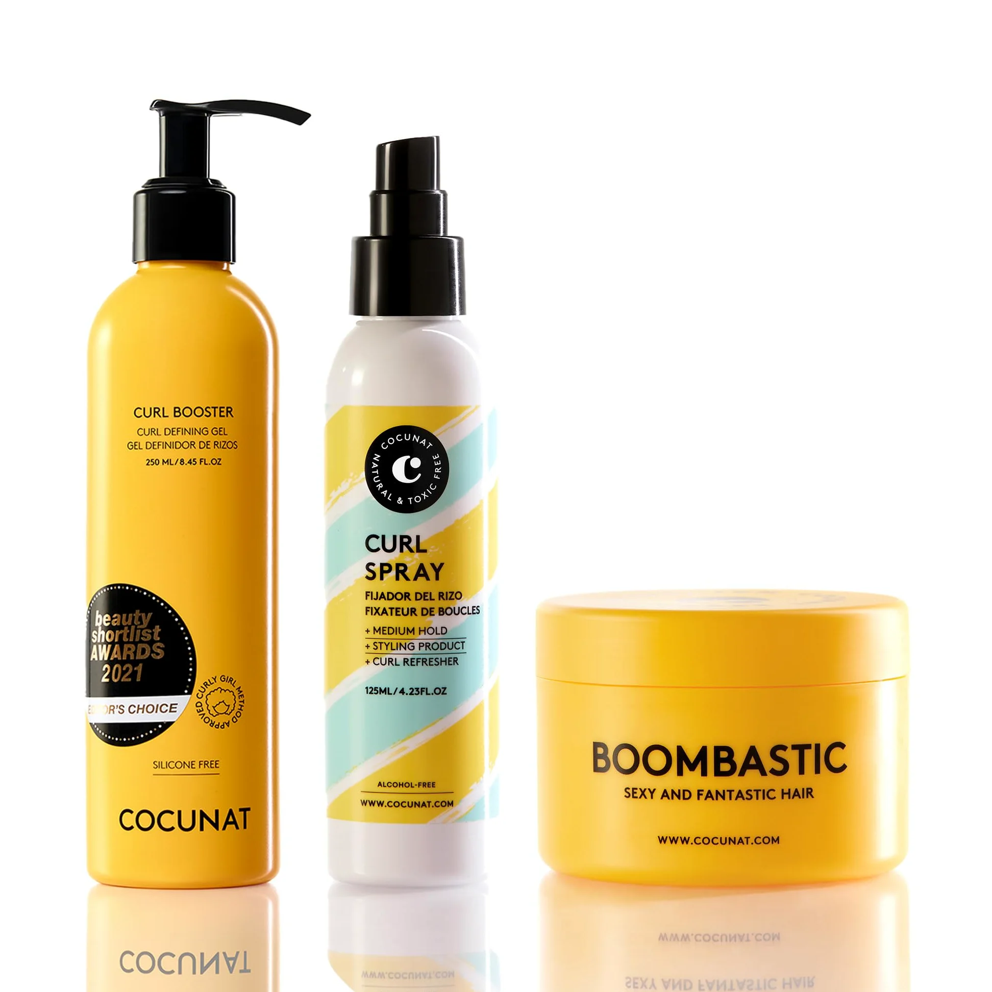COCUNAT Curl Booster + Boombastic + Curl Spray Método Curly | Pack para rizos definidos: gel de definición + mascarilla nutritiva + fijador. Hidrata, nutre, elimina frizz sin apelmazar.