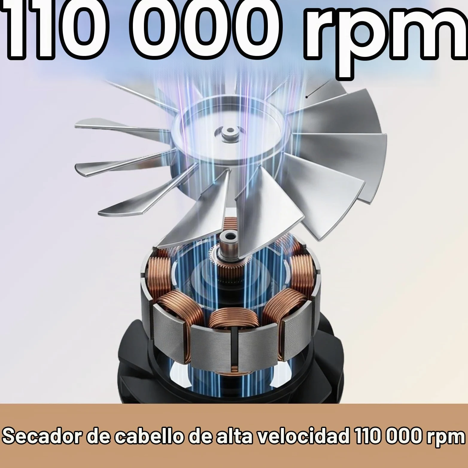 Secador de pelo iónico, motor sin escobillas 110000 RPM, secado rápido en 2 minutos, anti-encrespamiento, ligero y silencioso 50 dB, 4 niveles de calor, 2 velocidades y aire frío