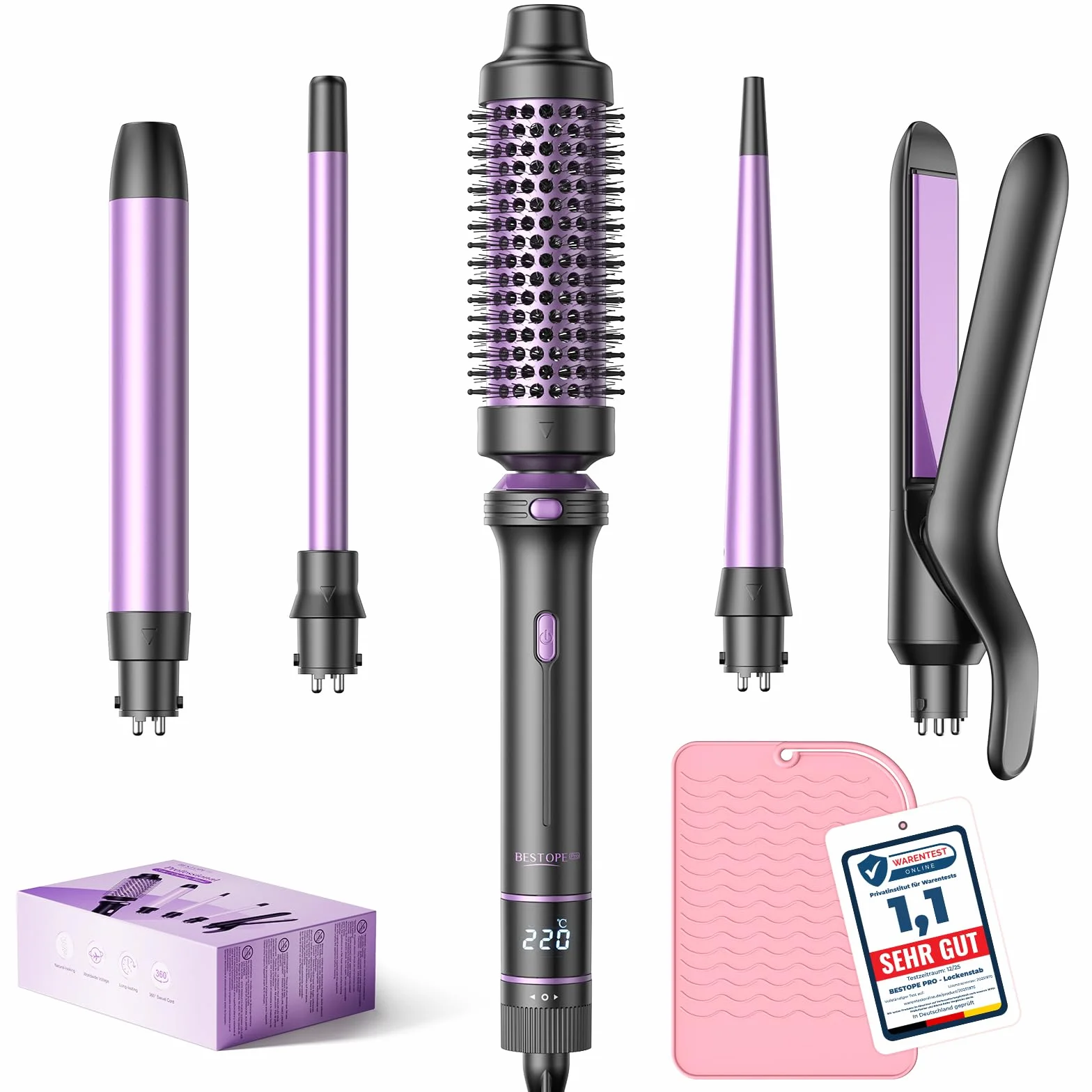 Curling Iron 5 en 1 BESTOPE PRO - Con Plancha de Pelo, Cepillo TéRmico, Rizador Pelo Ondas (9 Mm-25 Mm), Temperatura Ajustable - Para Viajes Y Regalos Hair Curler Kit