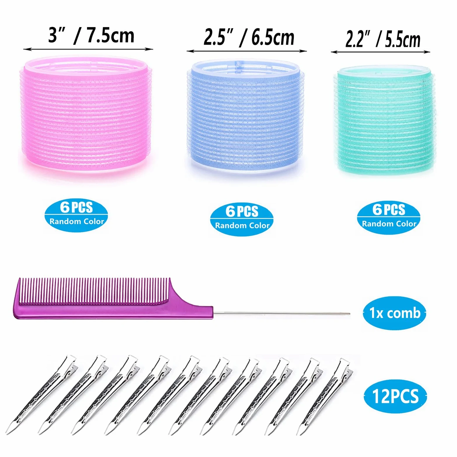 Rodillos de pelo jumbo de 3 pulgadas para cabello medio largo, 30 rizadores de pelo grandes sin calor con peines de cola de rata, rizadores de peluquería para mujeres de cabello grueso (75/65/55 mm)