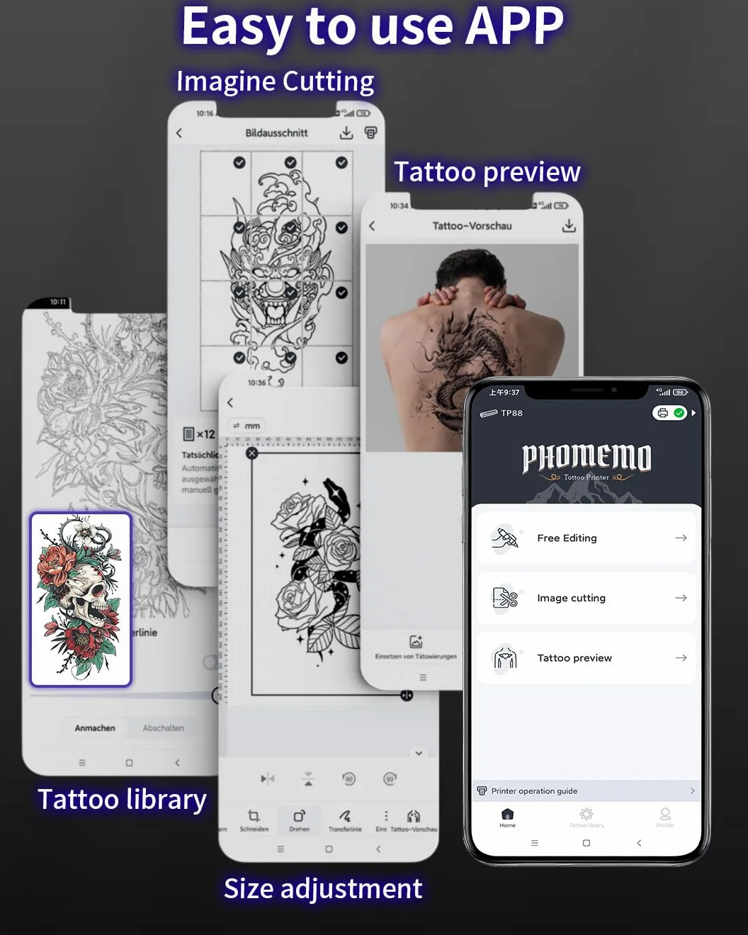 Phomemo TP88 - Impresora de plantillas de transferencia de tatuajes, impresora térmica de tatuajes con 10 piezas de papel de transferencia, máquina de tatuaje Bluetooth para artistas del tatuaje,