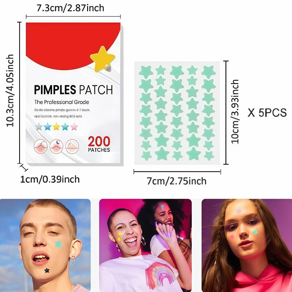 Star Pimple Patches, Hydrocolloid Spot Patches with Tea Tree Oil, 2 Sizes, 5 Colors, 200 Dots, Face Body Blemish Cover (1 Box)