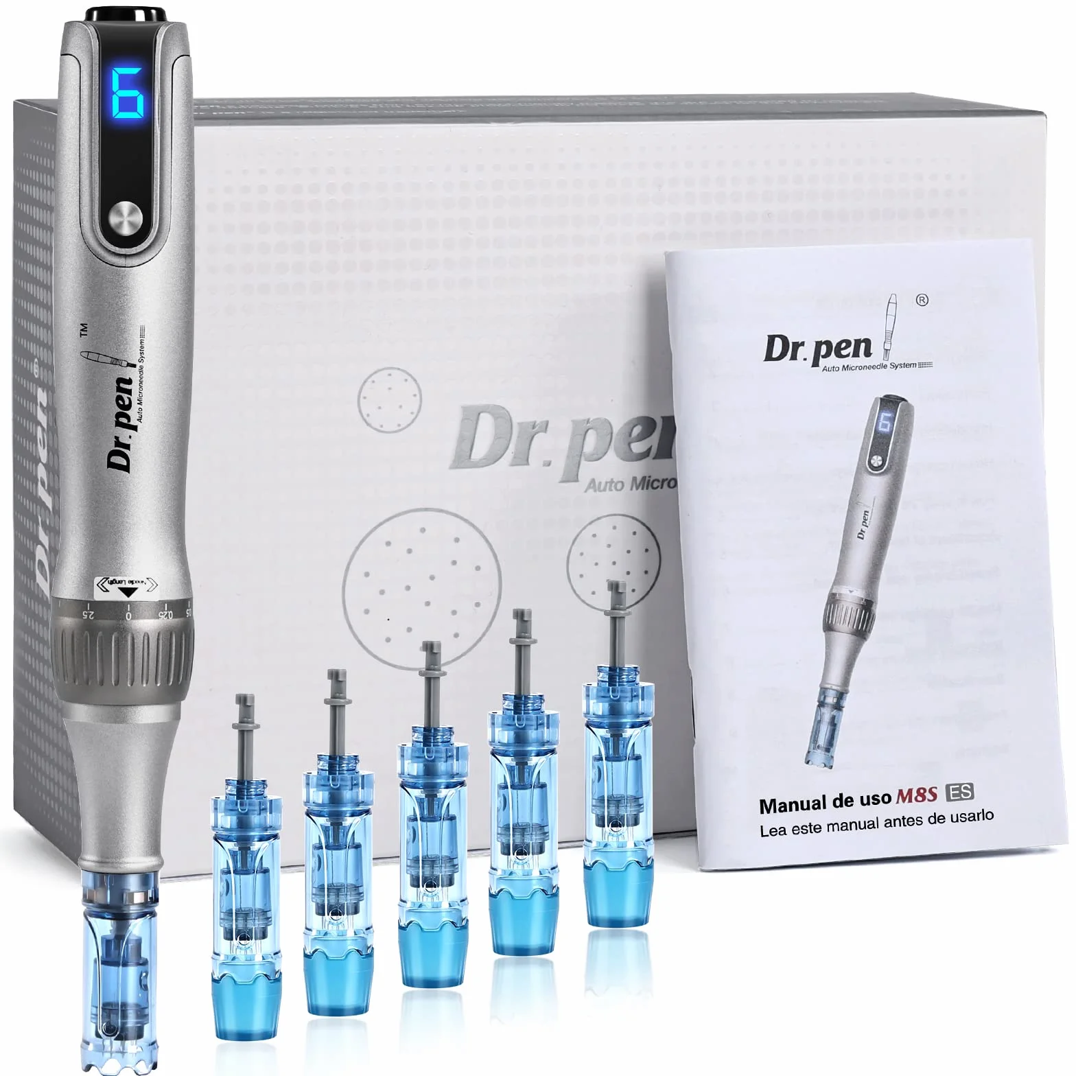 Dr.Pen M8S, microneedling pen con 6 x Cartuchos(3 x 12 Pin+3 x 36Pin), dermapen facial profesional, Inalámbrico y 6 Niveles de Velocidad, 0-2,5mm Profundidad ajustable, Plata