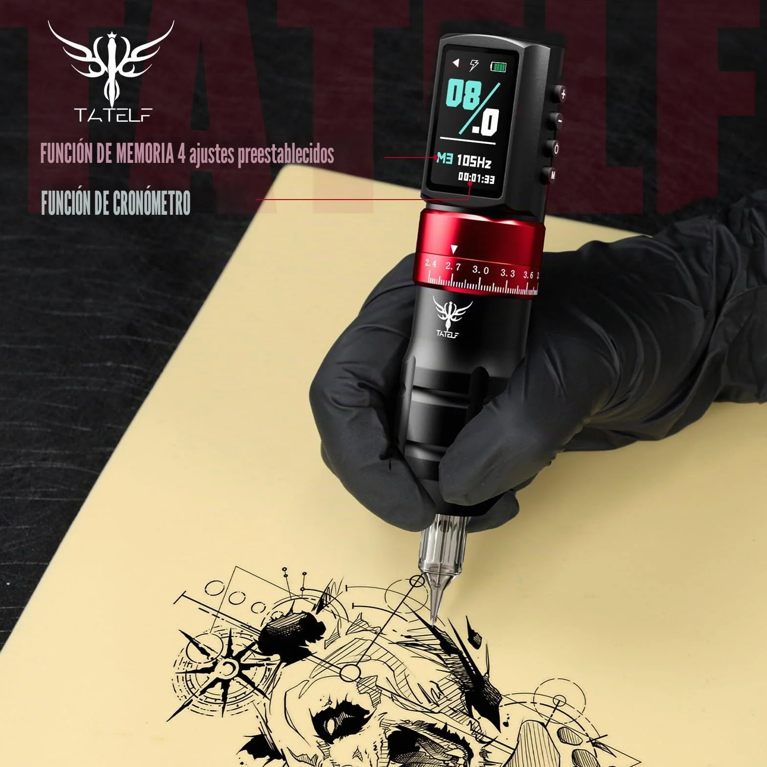 TATELF Kit Inalámbrico, Máquina Rotativa Profesional para Principiantes y Artistas, Pantalla LCD, 7 Vel, Batería 2300mAh, 20 Cartuchos, 10 Tintas