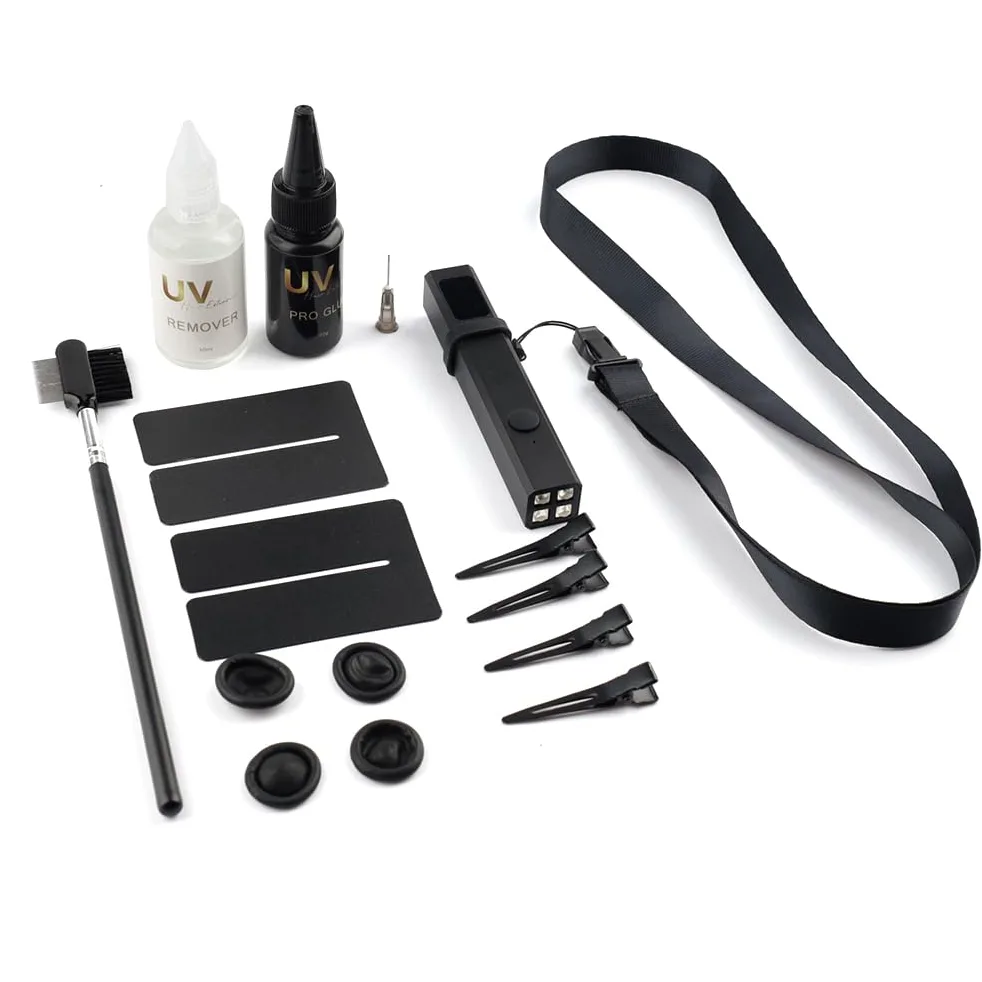 Kit de herramientas de extensión de pelo para lámpara UV, pegamento para el cabello con lámpara UV, protectores de protección UV, removedor de pegamento, máquina de extensión UV para juego