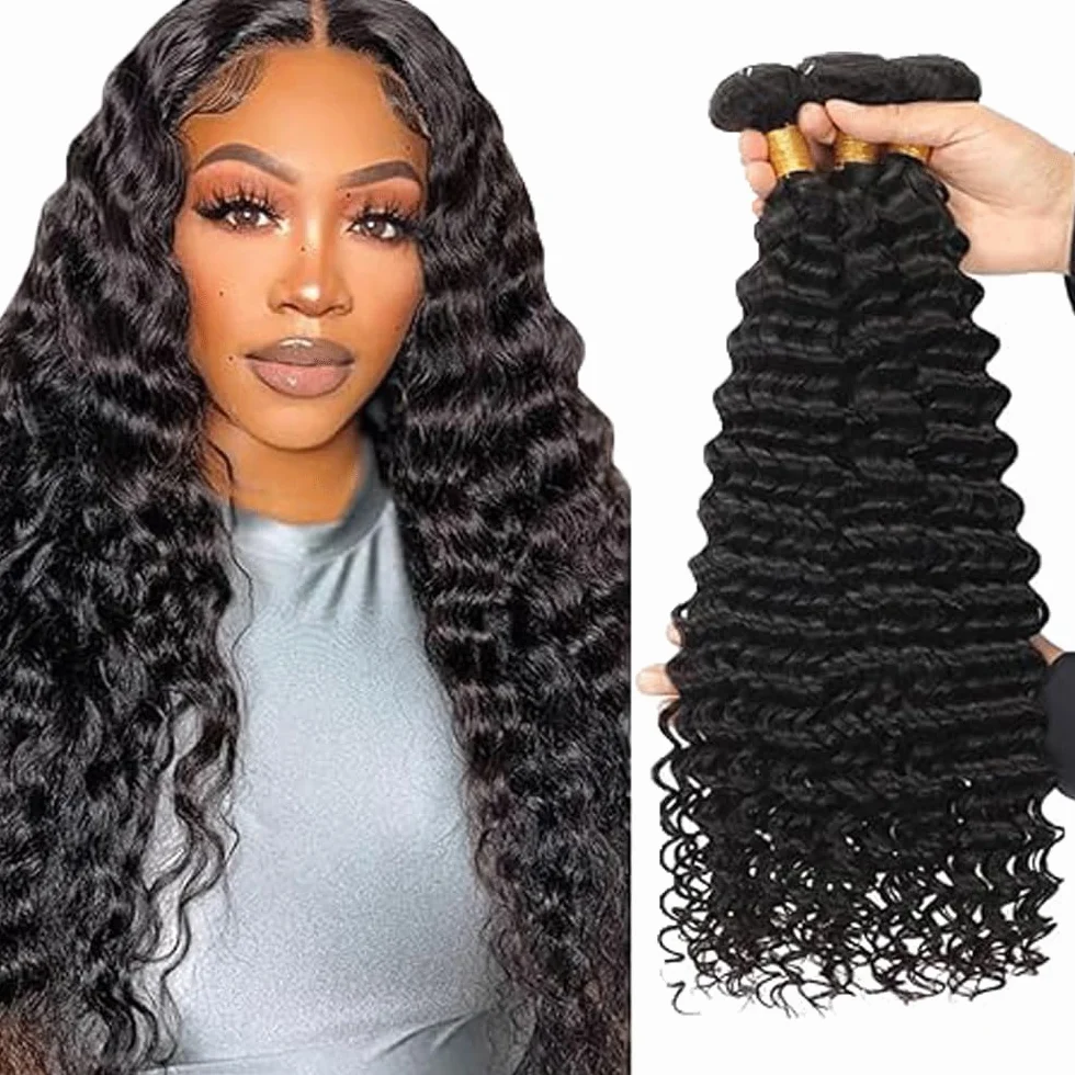 Peluca de onda profunda para mujer, paquetes de cabello humano humano sin procesar brasileño, extensiones de cabello humano virgen 1B natural negro paquete con una cobertura mínima para