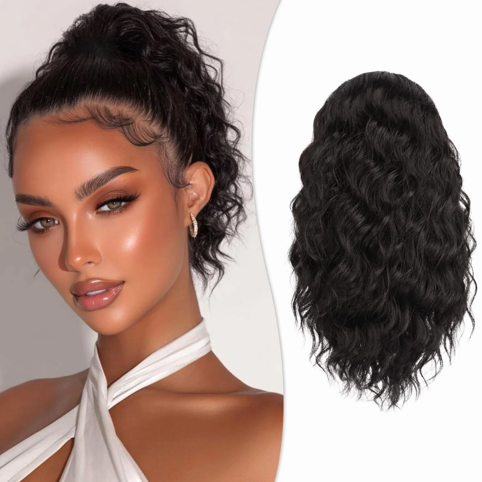RUWISS Coleta Postiza Pelo Natural, Extensiones Pelo Rizado Coleta Postiza Larga Negro Marrón Ondulado Sintética Ponytail 30 cm Cola Caballo Extension para Mujeres