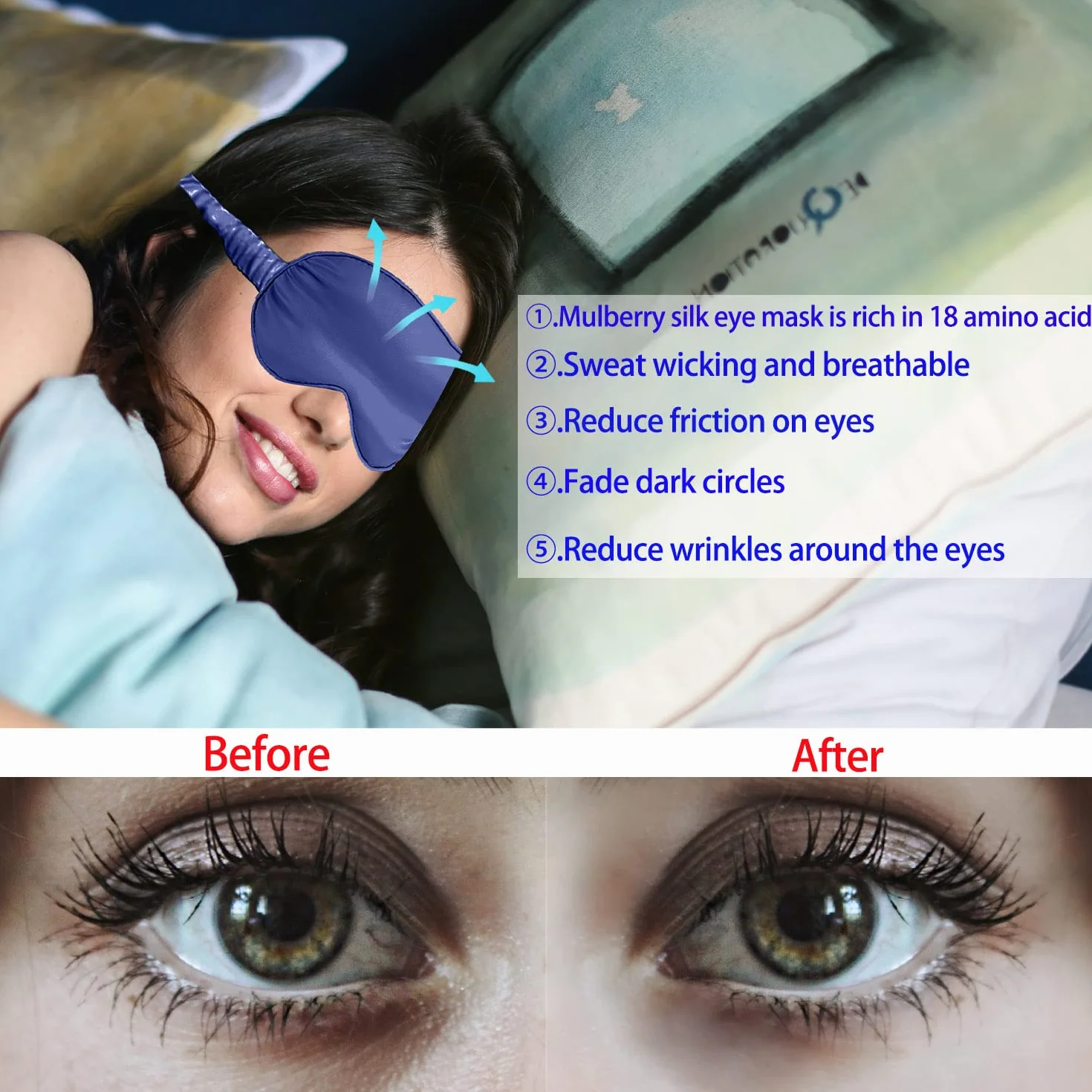 Antifaz para dormir para hombres y mujeres, paquete de 2 antifaz de seda de morera natural 100% real con correa ajustable, antifaz para dormir, viajes, siesta (azul marino y verde claro)
