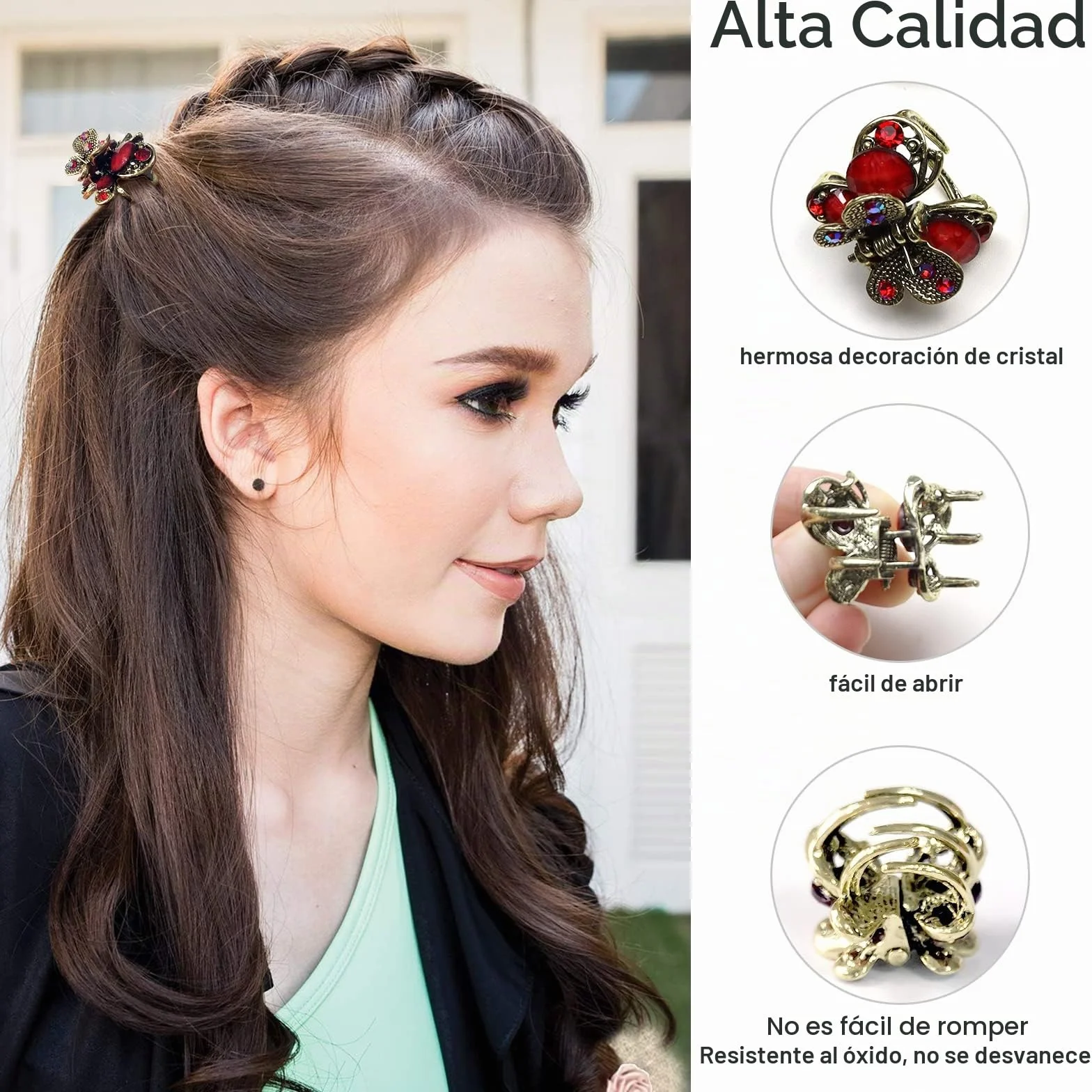 Kavya Pinza para el pelo pequeña con cristales de mariposa retro francesa vintage antideslizante de metal mini 4 piezas