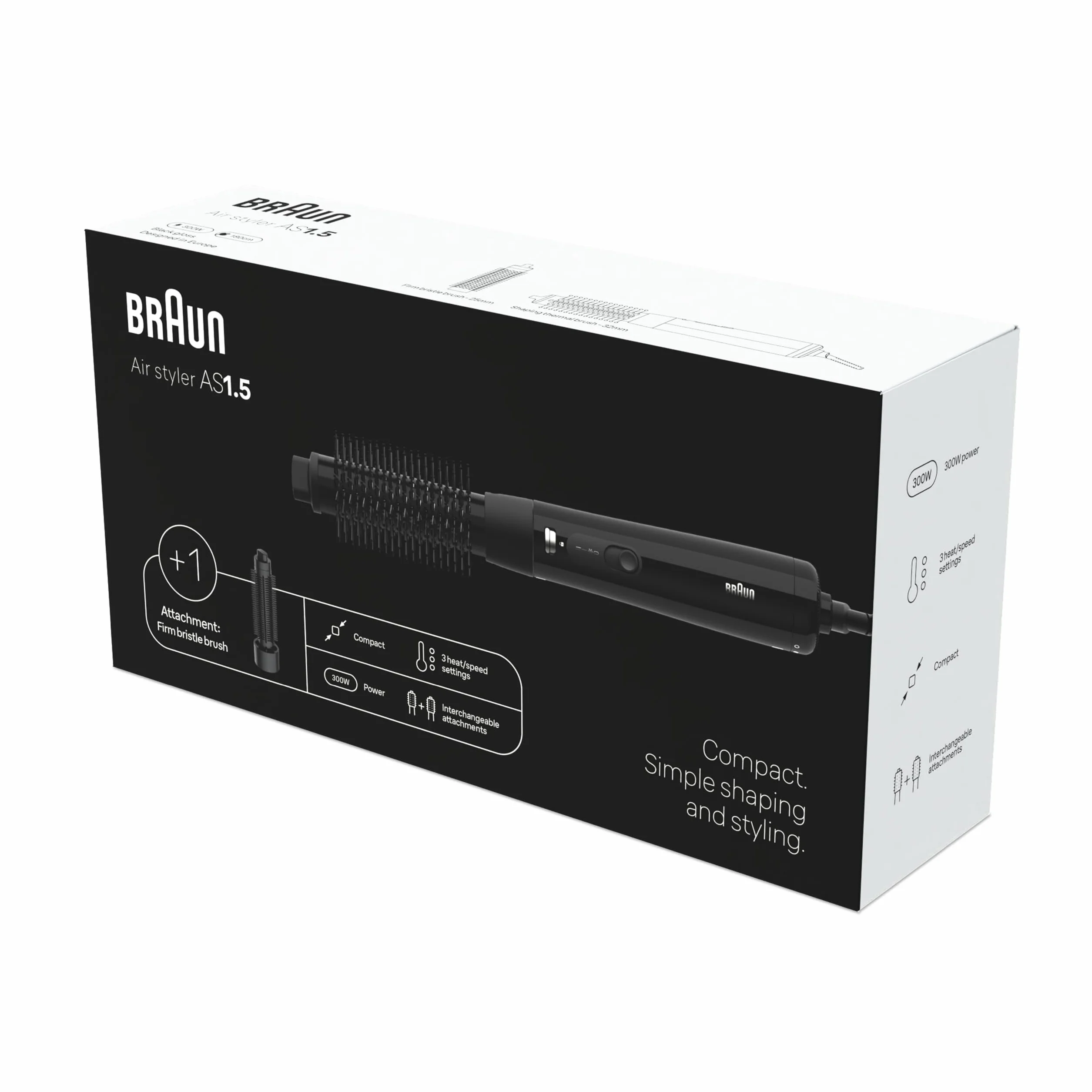Braun AS1.5 Moldeador de aire cepillo térmico redondo 300W 3 ajustes temperatura velocidad negro brillante