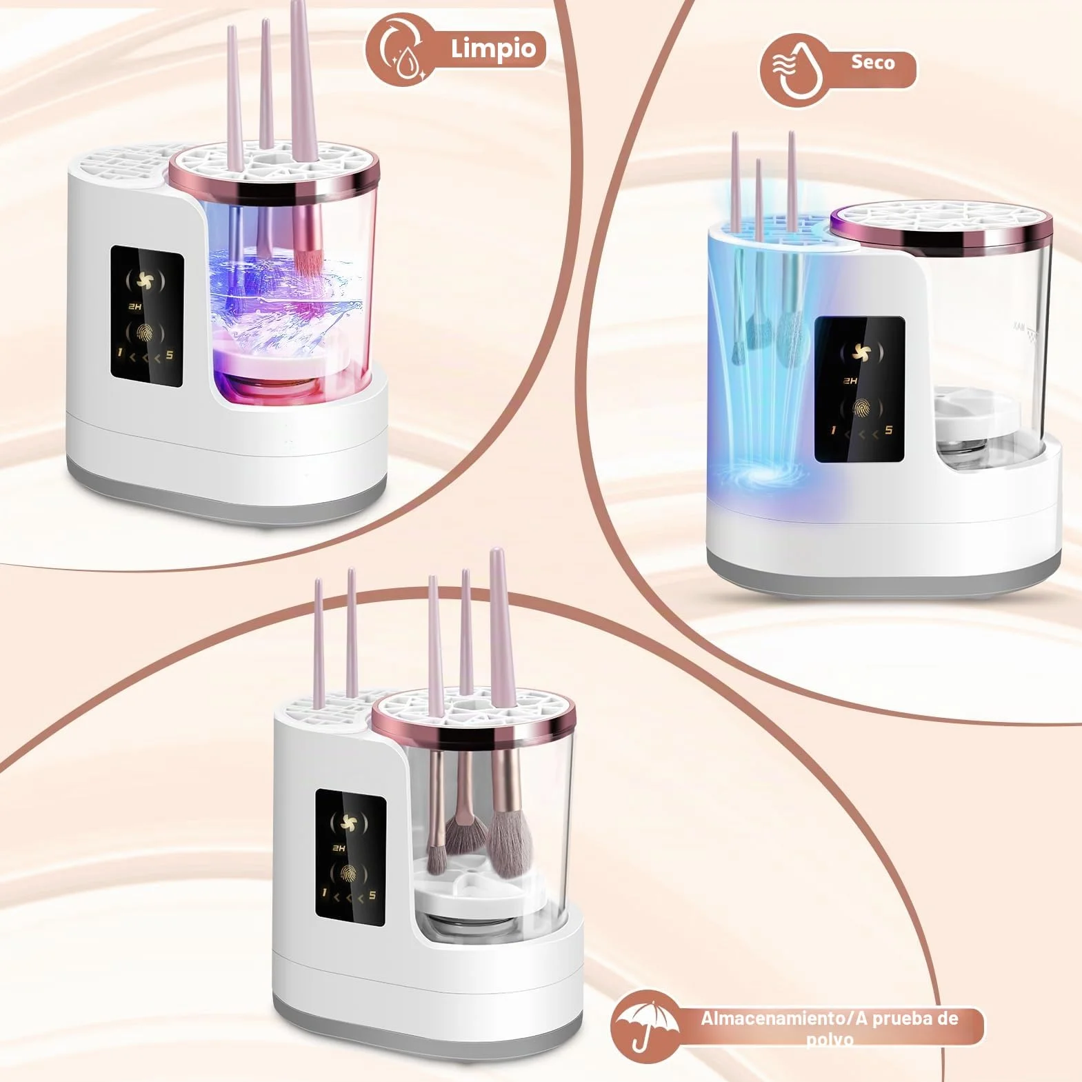 Limpiador automático de brochas de maquillaje 3 en 1 con secado y almacenamiento