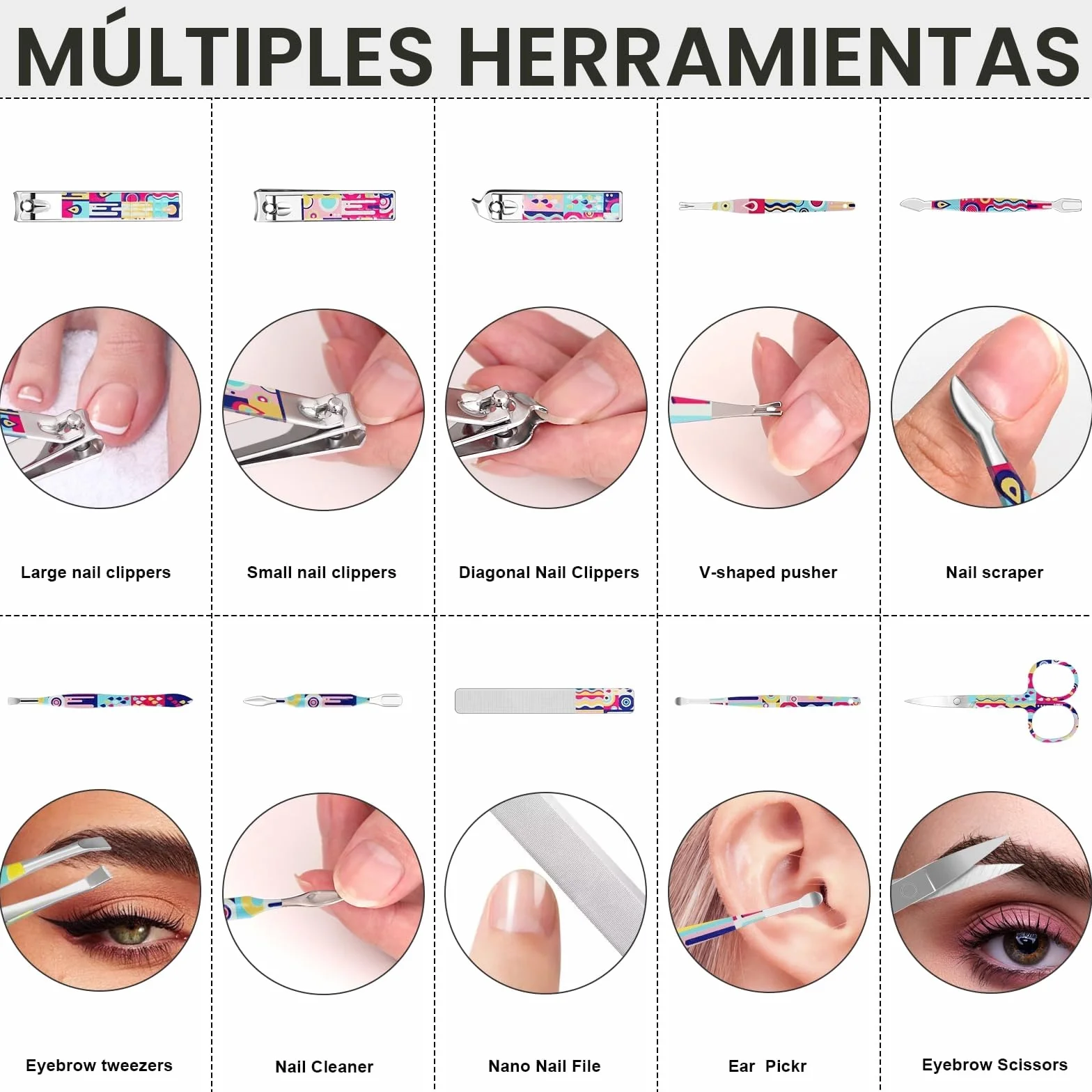 Set de Manicura Pedicura 10 Piezas Profesional Cortaúñas Acero Inoxidable Estuche Viaje Cuero