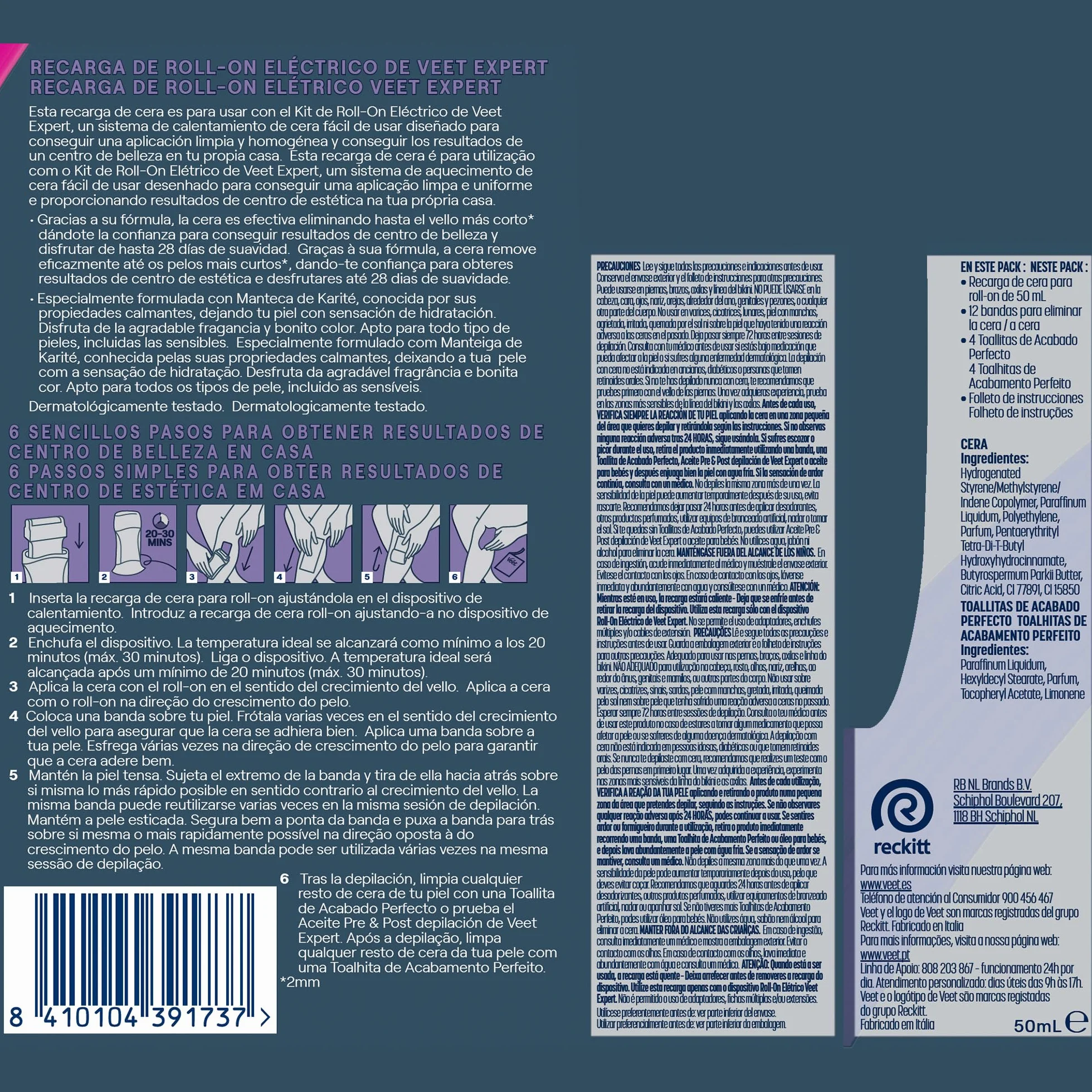 Veet Cera Depilatoria Cartucho de Recambio Roll-On Eléctrico EasyWax con Manteca de Karité 50 ml