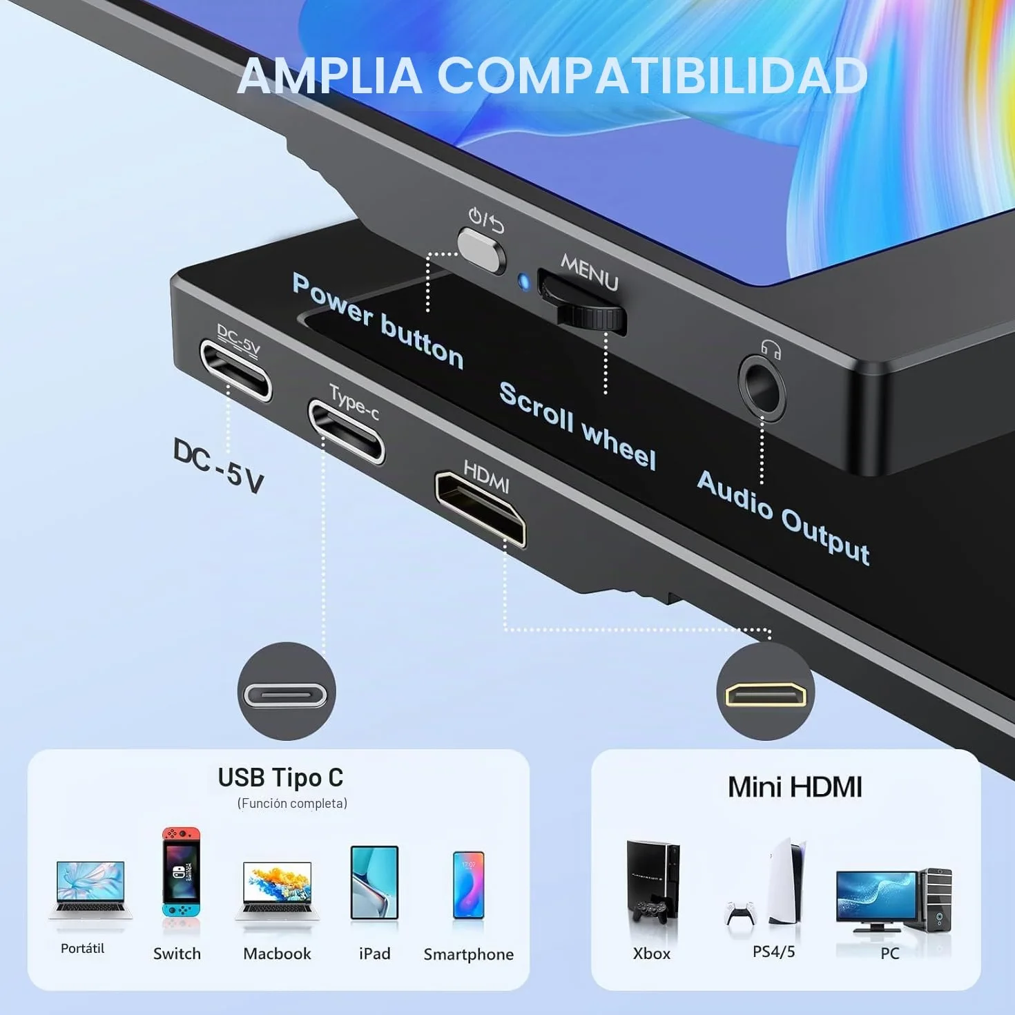 Monitor Portátil 15.6 Pulgadas IPS 1080P FHD con Mini HDMI USB-C para Portátil PS5 Xbox
