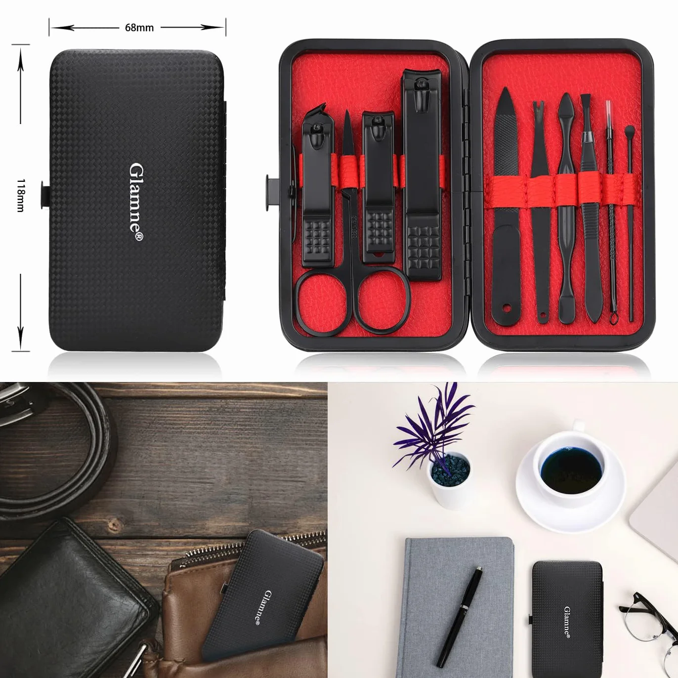 Juego de manicura cortaúñas profesionales acero inoxidable 10 en 1 negro con estuche de viaje