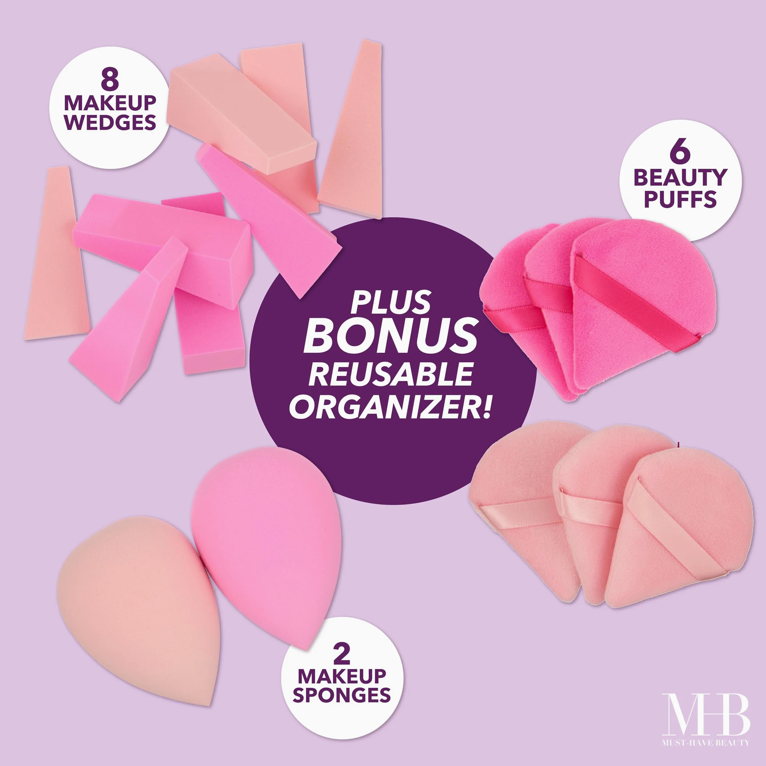 Expressions Juego de 16 esponjas de maquillaje rosas y organizador de artículos esenciales de belleza | Mezcladores de belleza surtidos, esponjas de maquillaje y cuñas para una aplicación de