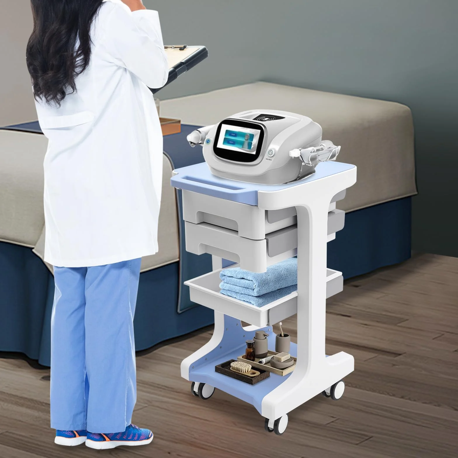 Carro medicinal con 2 cajones y estante superior Carro de salón de belleza 50 kg de capacidad de carga para laboratorio médico, peluquería, hospitales, clínicas