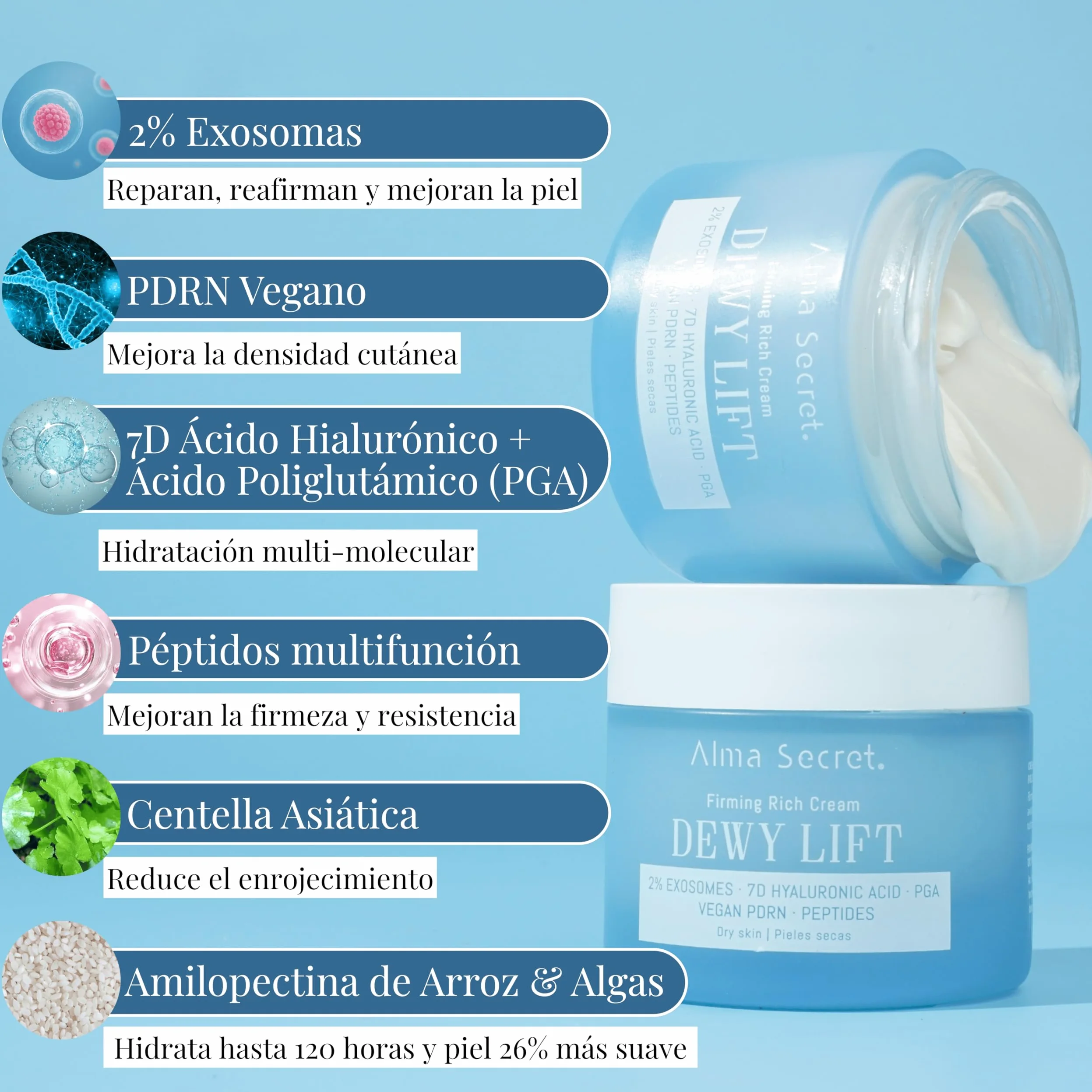ALMA SECRET | Dewy Lift Rich Firming Cream | Crema de día reafirmante, redensificante e hidratante con 2% Exosomas, PDRN Vegano, 7D Ácido Hialurónico y PGA | 50 ml (Piel seca)