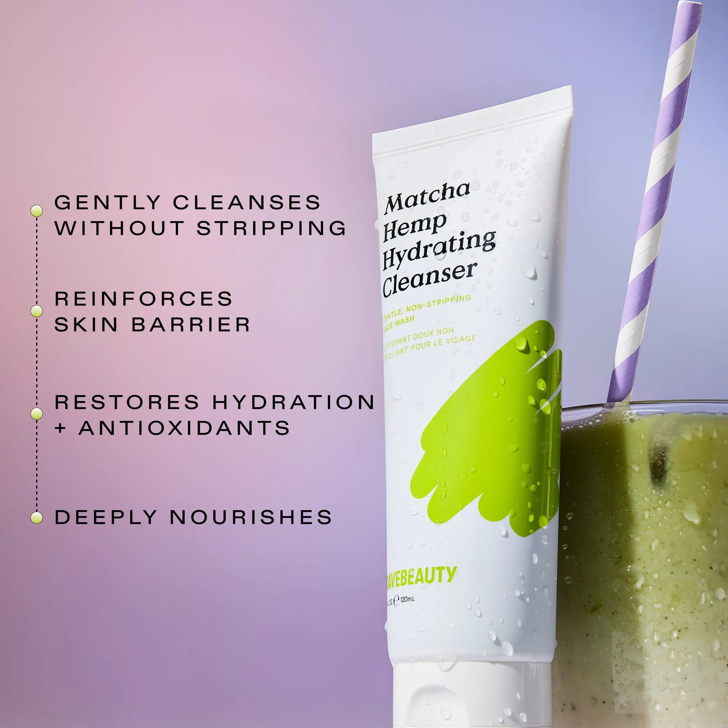 KraveBeauty DUO Hemp Moisturiser Matcha Limpiador facial diario que no seca la piel, fortalece la barrera de la piel, enriquecido con aceite de semilla de cáñamo, agradable al tacto