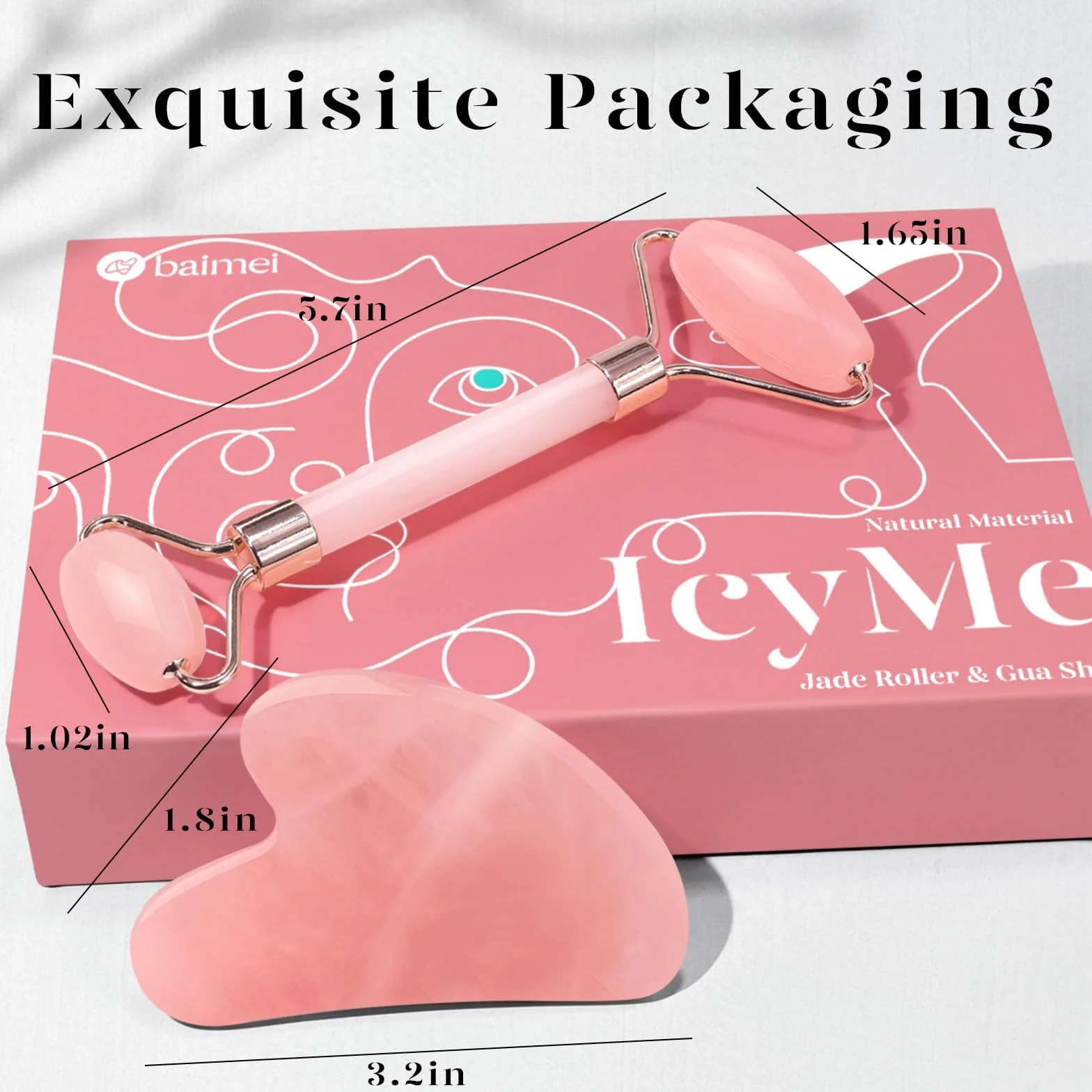 BAIMEI Gua Sha & Jade Roller, Cuarzo Rosa GuaSha, Masajeador Facial para Mujeres